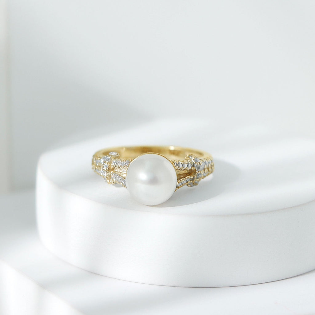 Natural 8 MM Pearl Solitaire Engagement Ring with Moissanite