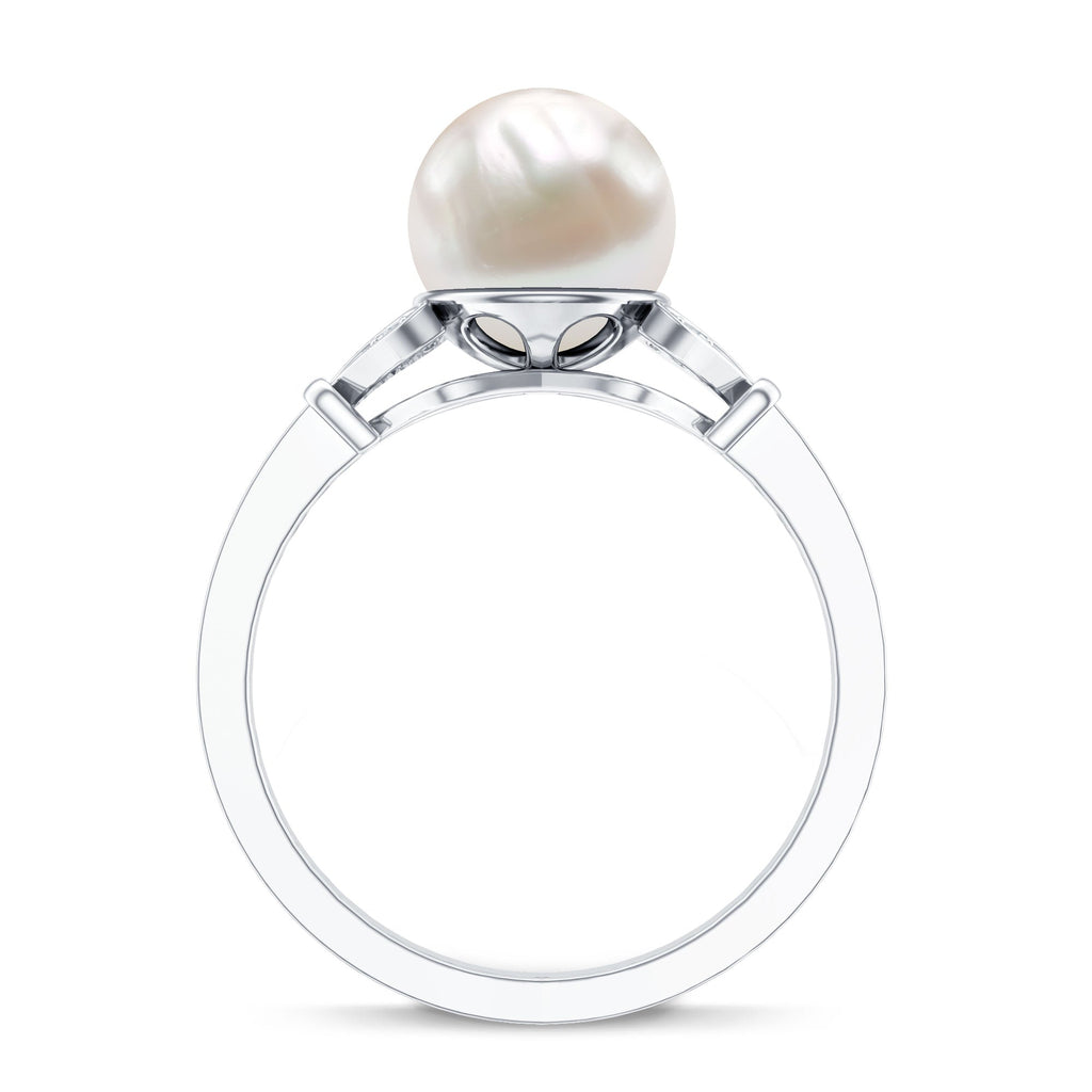 Bead Set Freshwater Pearl Solitaire Split Shank Ring with Diamond