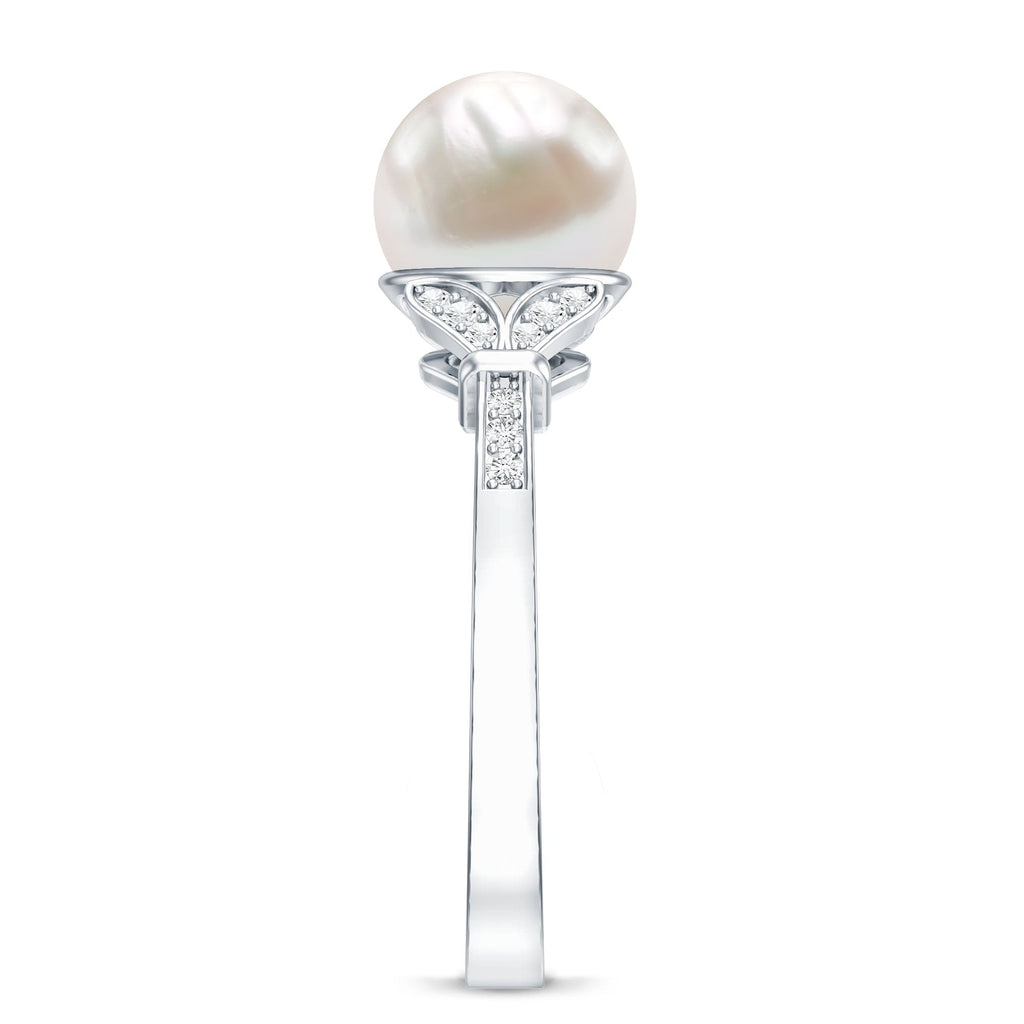 Bead Set Freshwater Pearl Solitaire Split Shank Ring with Diamond