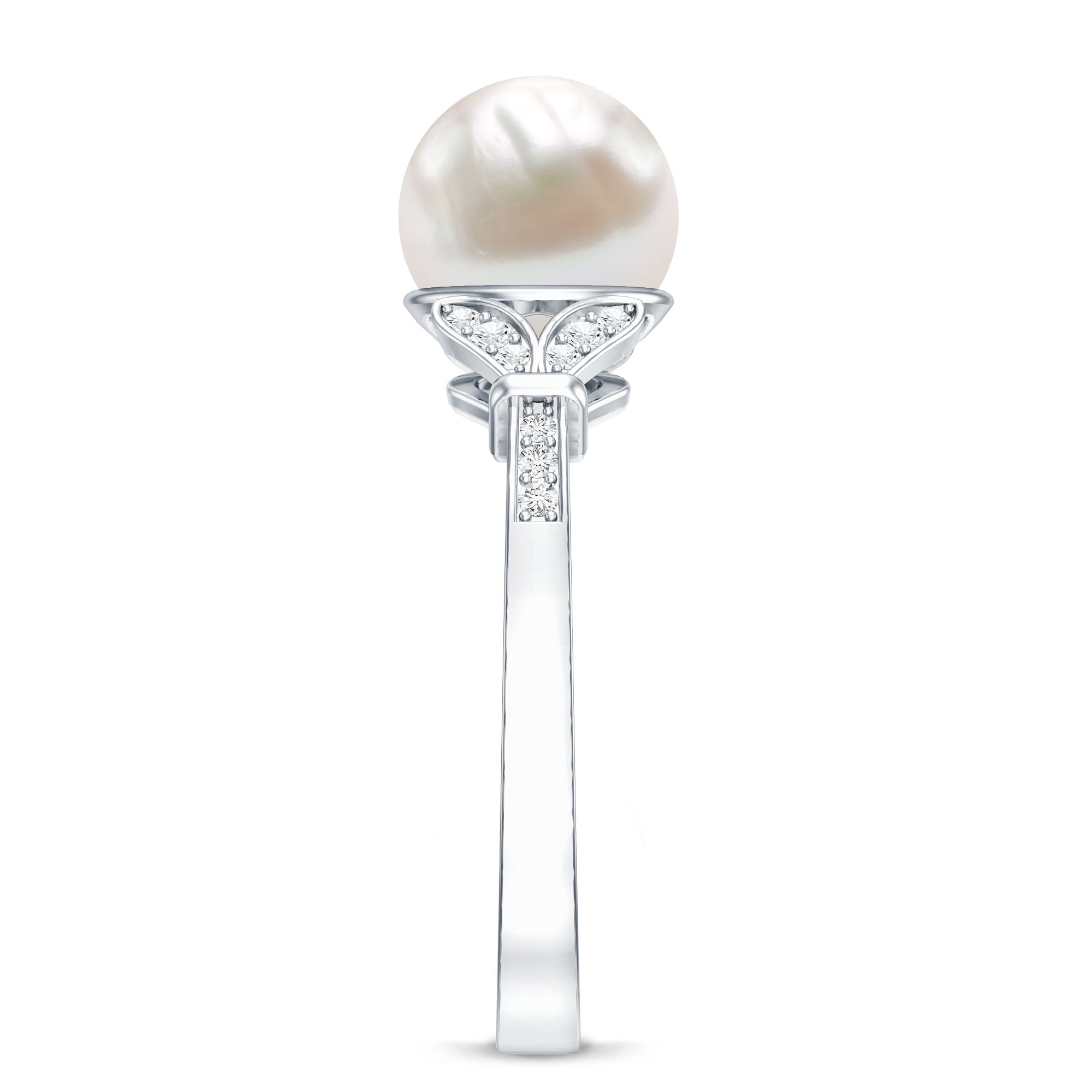 Bead Set Freshwater Pearl Solitaire Split Shank Ring with Diamond
