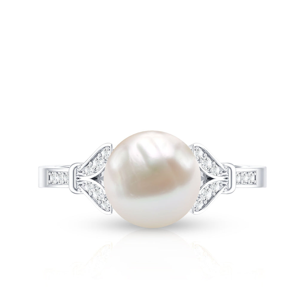 Bead Set Freshwater Pearl Solitaire Split Shank Ring with Diamond
