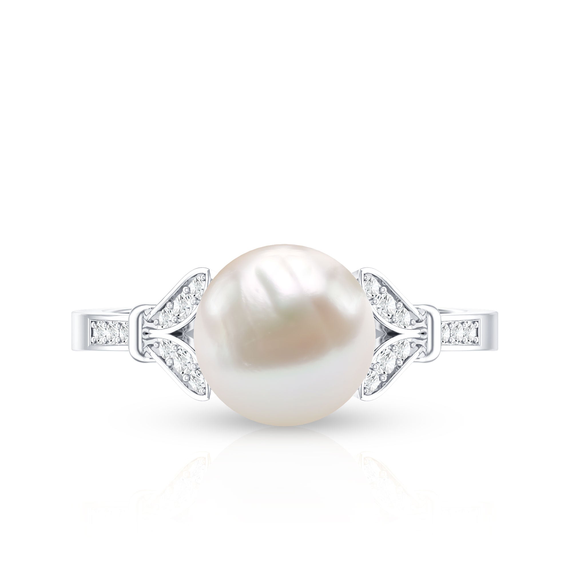 Bead Set Freshwater Pearl Solitaire Split Shank Ring with Diamond