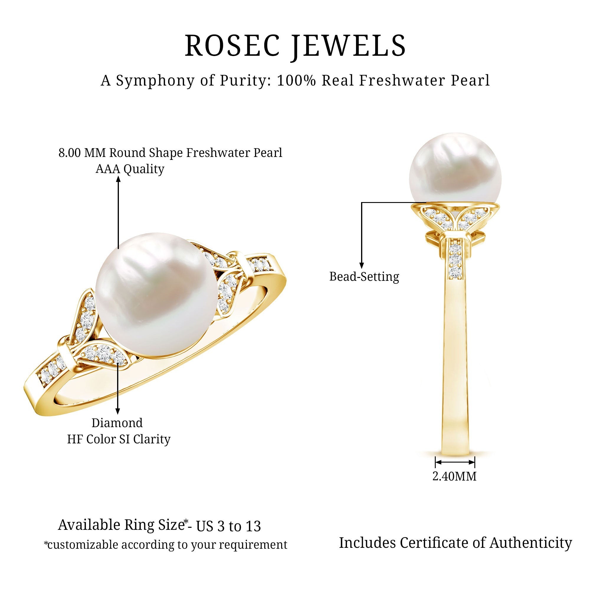 Bead Set Freshwater Pearl Solitaire Split Shank Ring with Diamond