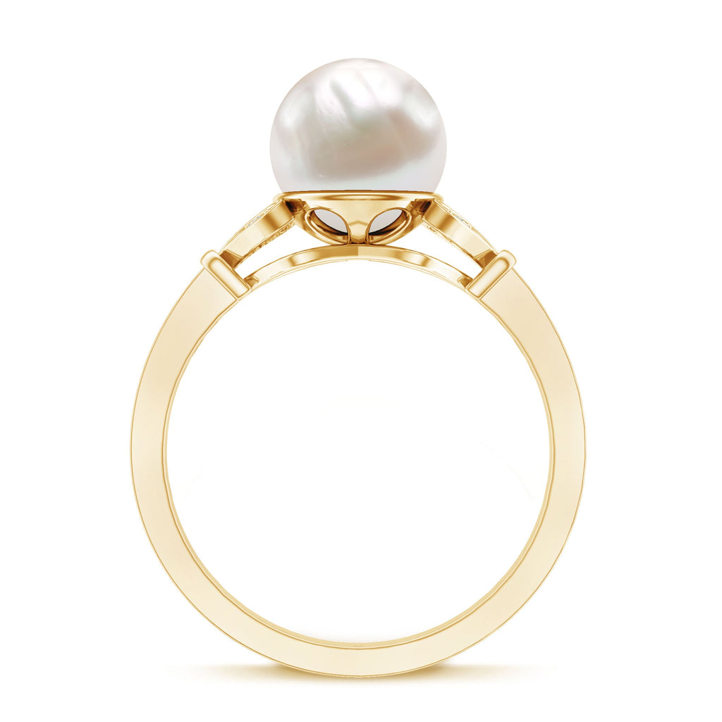 Bead Set Freshwater Pearl Solitaire Split Shank Ring with Diamond