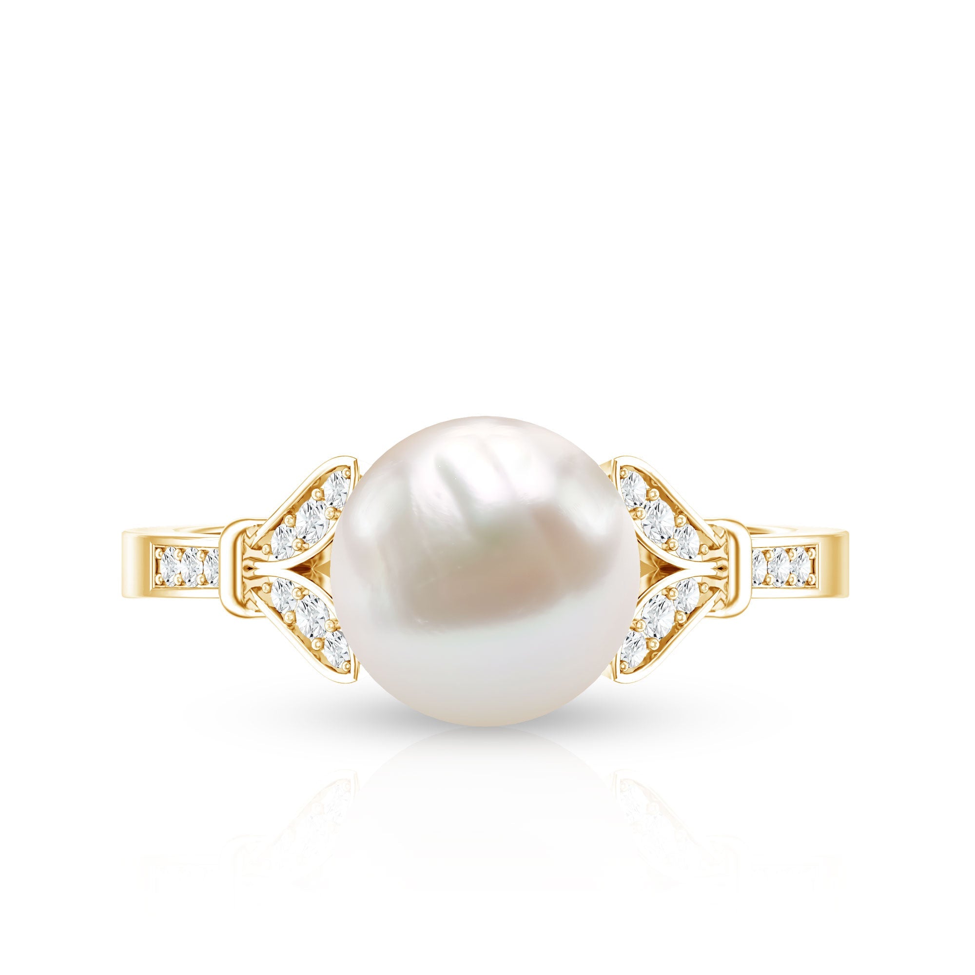 Bead Set Freshwater Pearl Solitaire Split Shank Ring with Diamond