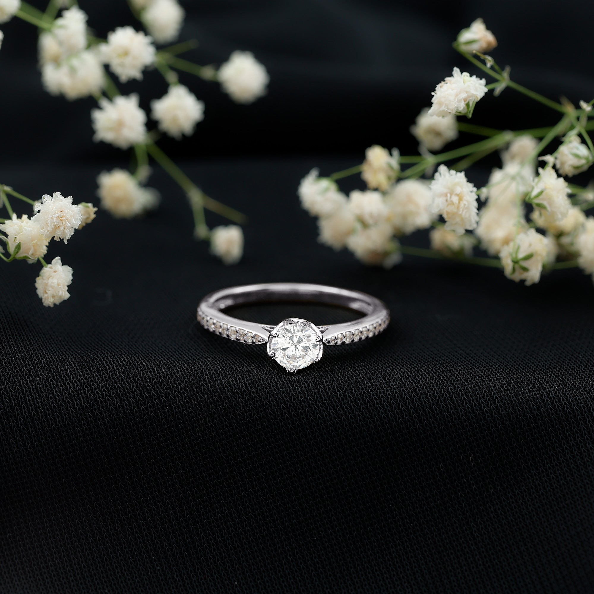 3/4 CT Zircon Engagement Ring with Side Stones in Gold