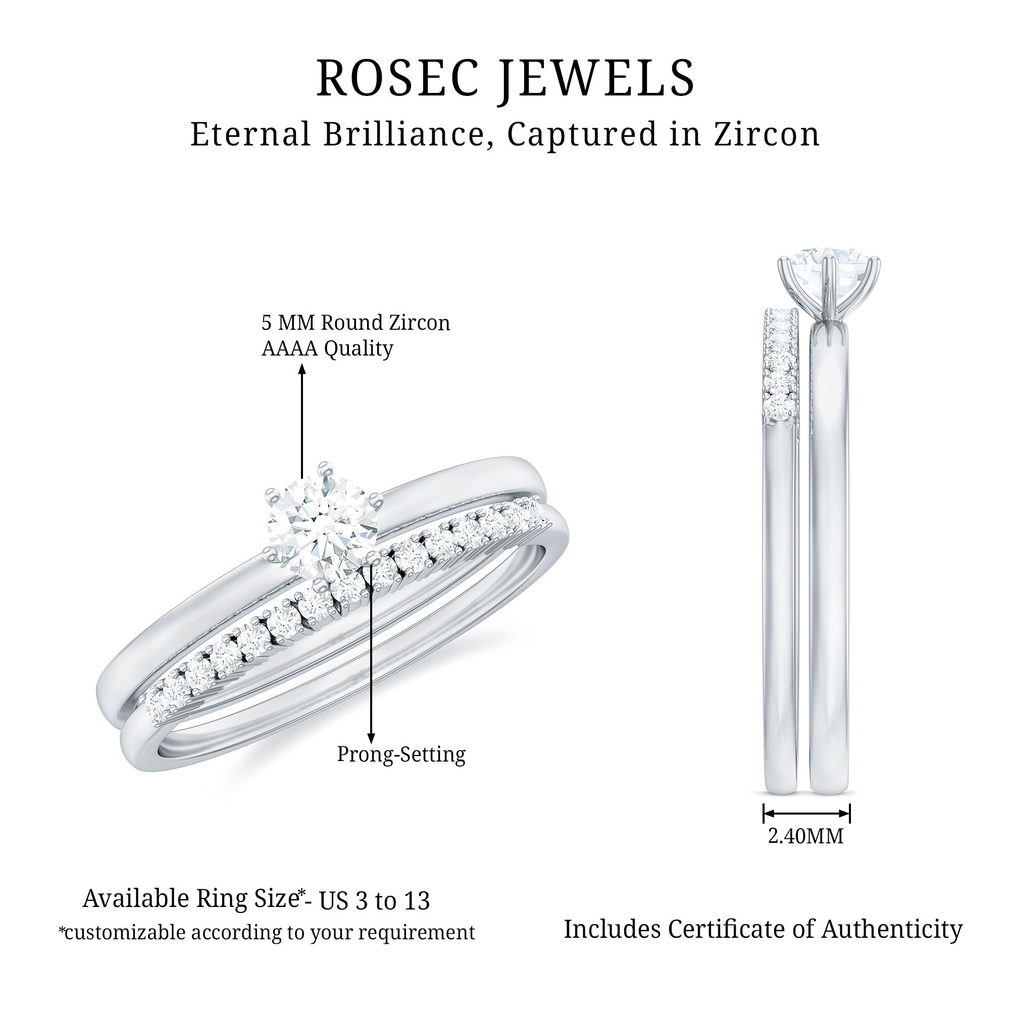 3/4 CT Cubic Zirconia Solitaire Simple Ring Set in Gold