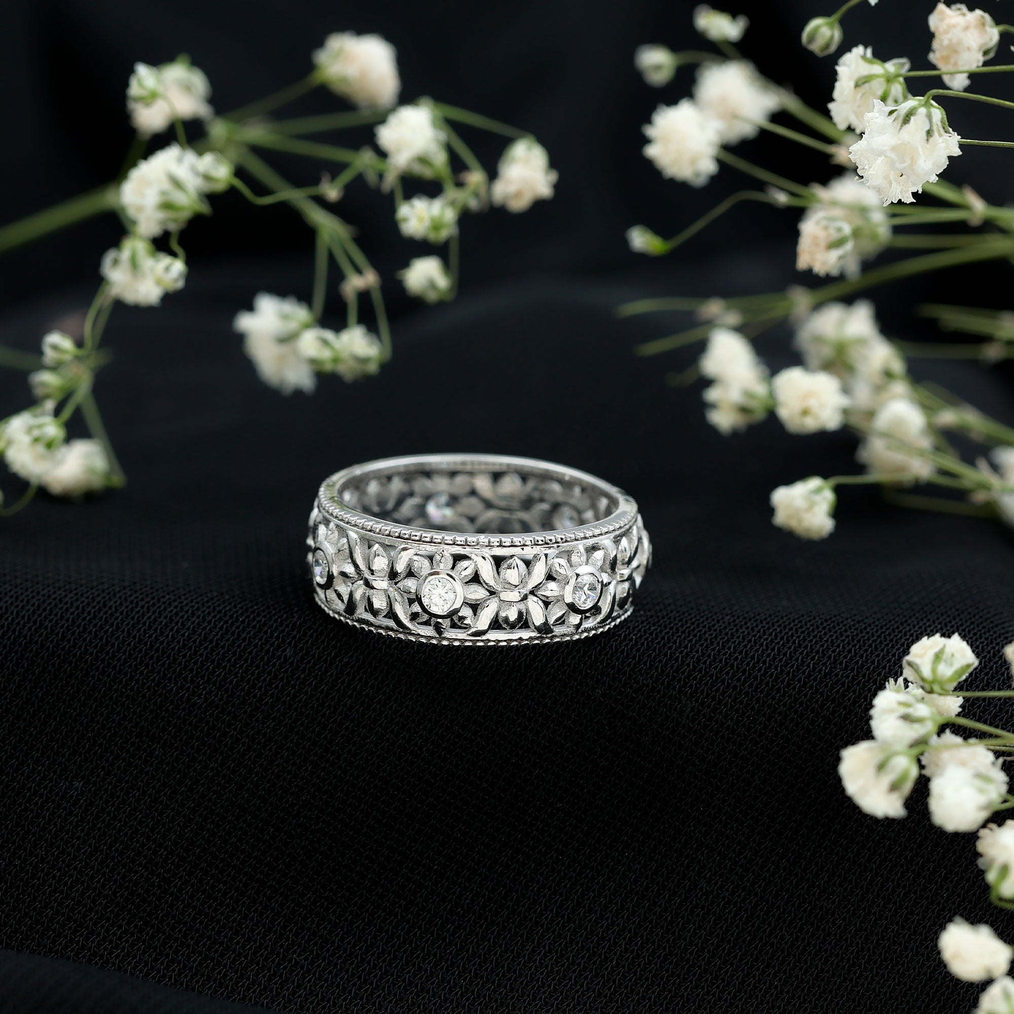 Flower Inspired Zircon Filigree Wedding Band
