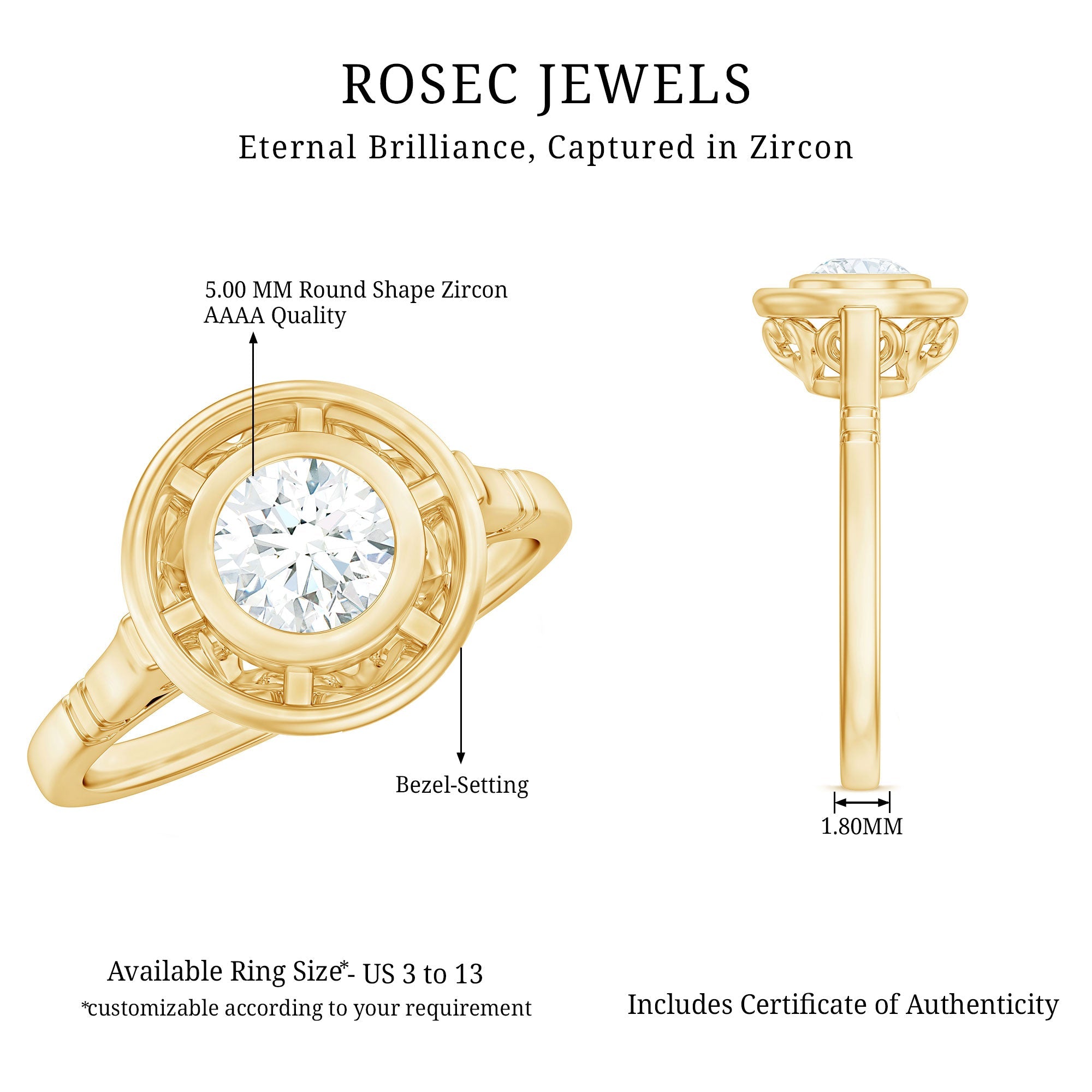 Antique Style Round Simulated Diamond Solitaire Ring in Gold