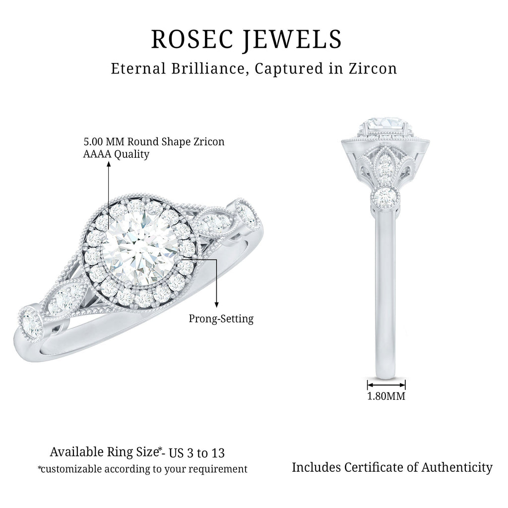 Antique Zircon Engagement Ring with Milgrain Gold