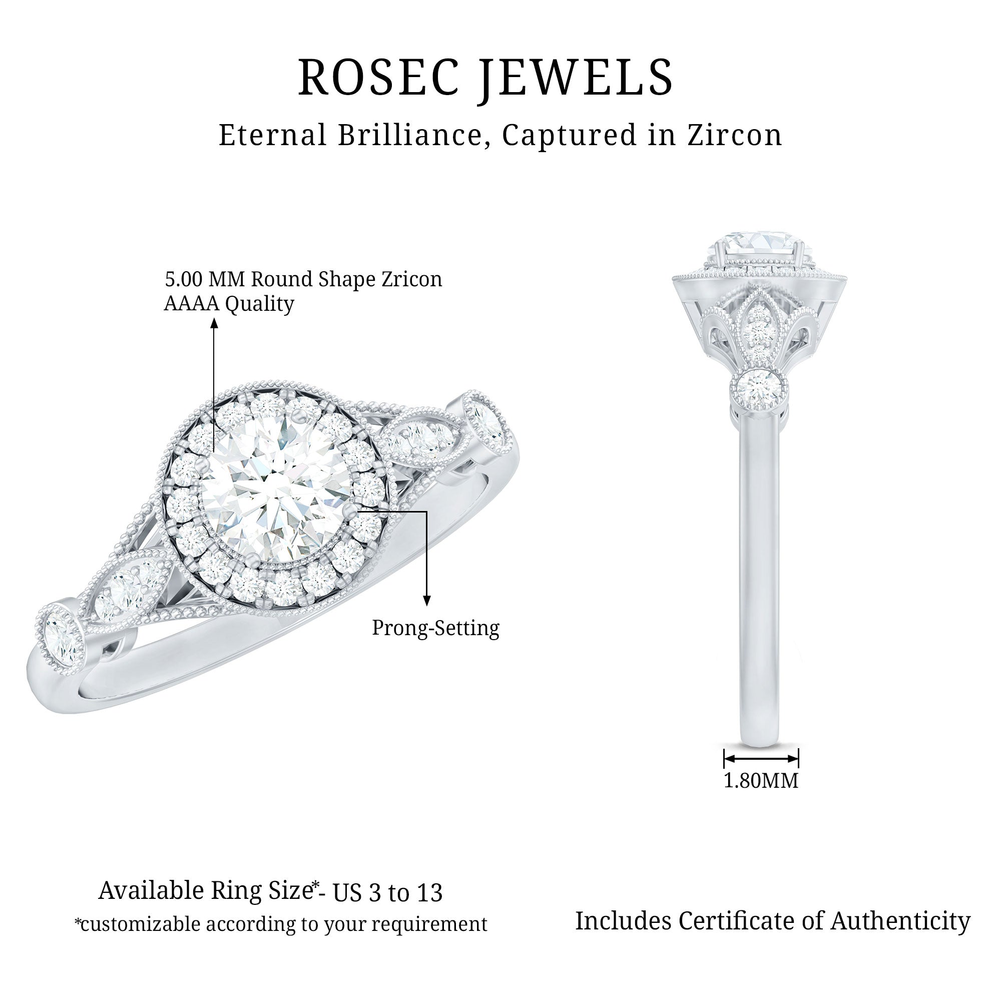 Antique Zircon Engagement Ring with Milgrain Gold