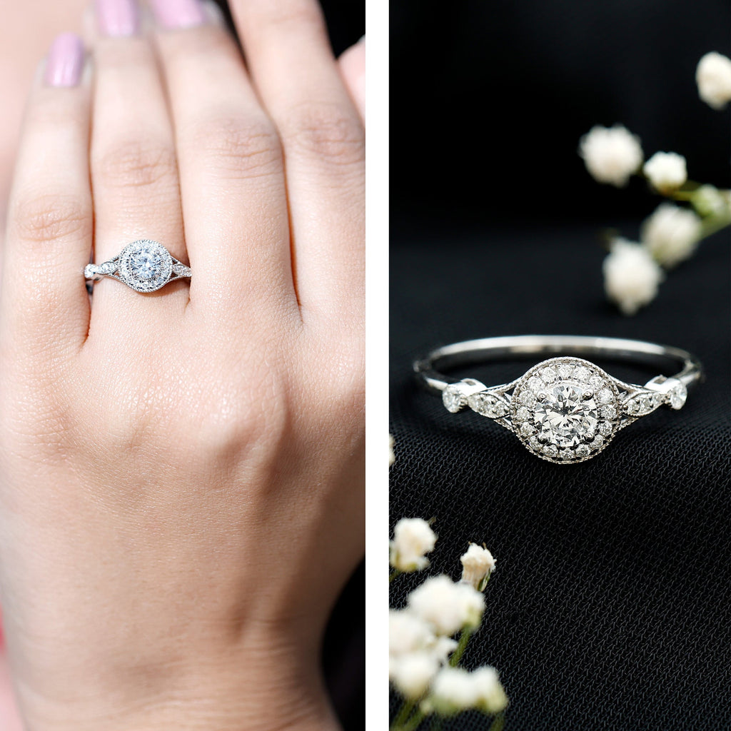 Antique Zircon Engagement Ring with Milgrain Gold