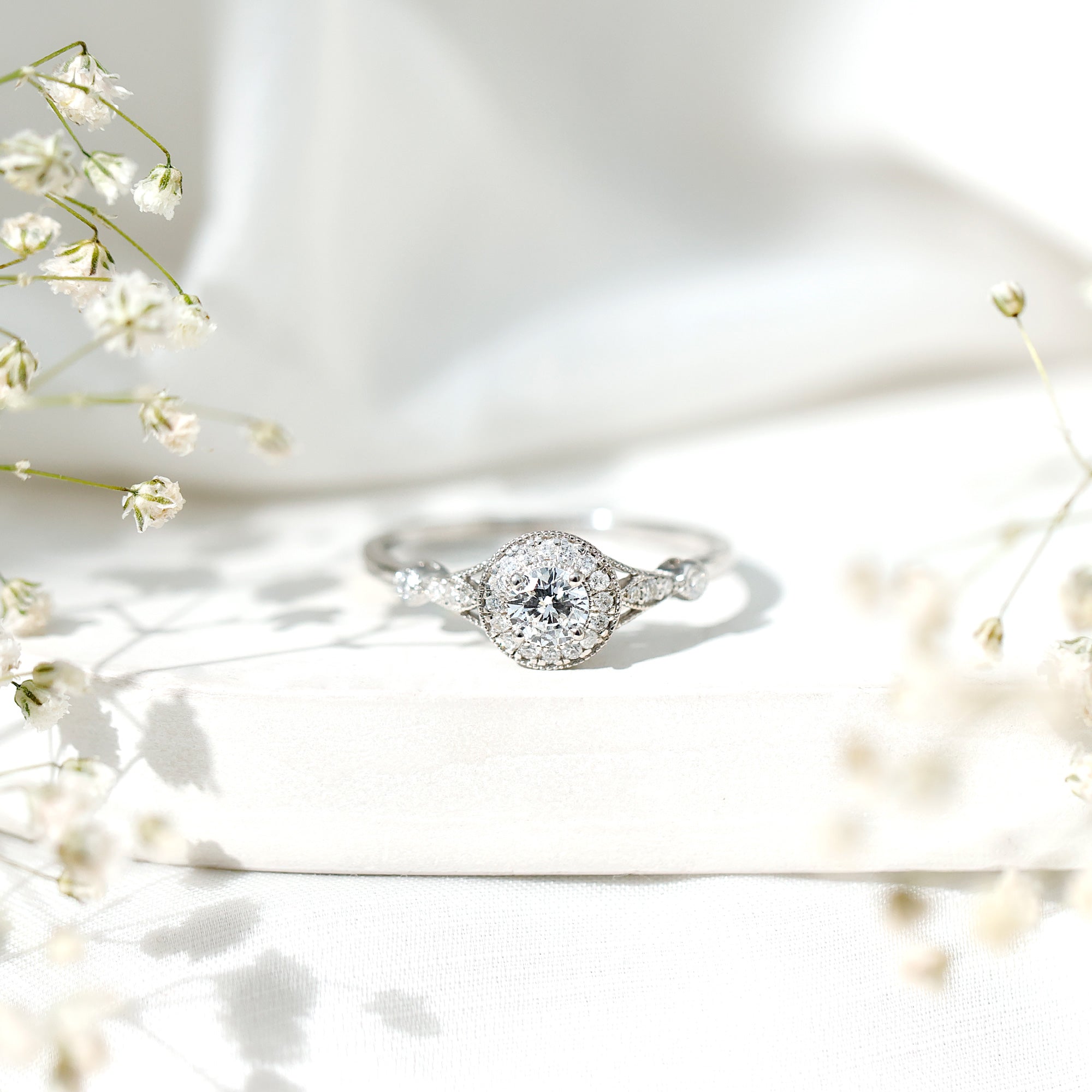 Antique Zircon Engagement Ring with Milgrain Gold