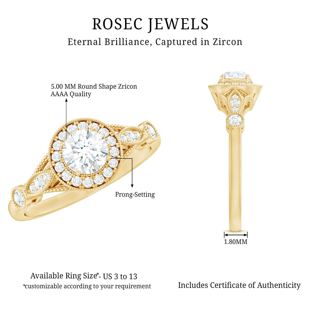 Antique Zircon Engagement Ring with Milgrain Gold