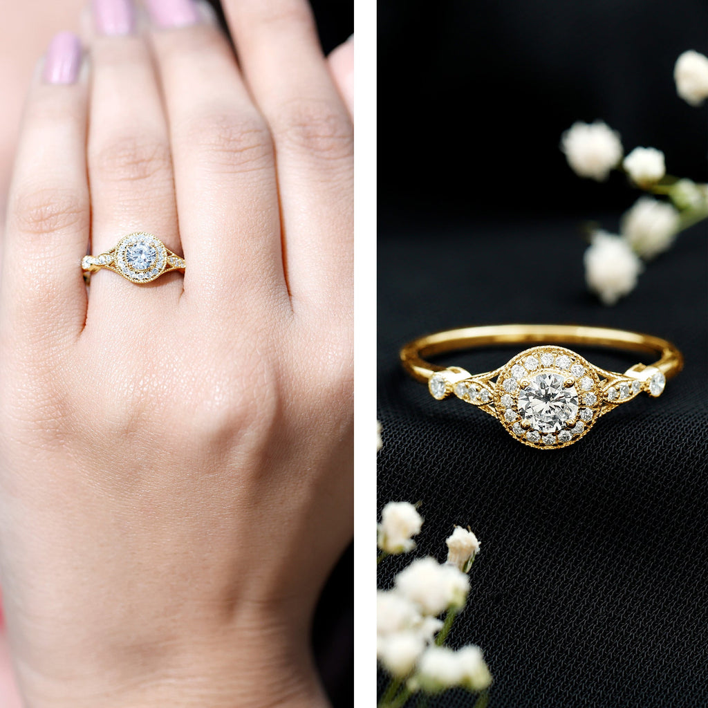 Antique Zircon Engagement Ring with Milgrain Gold