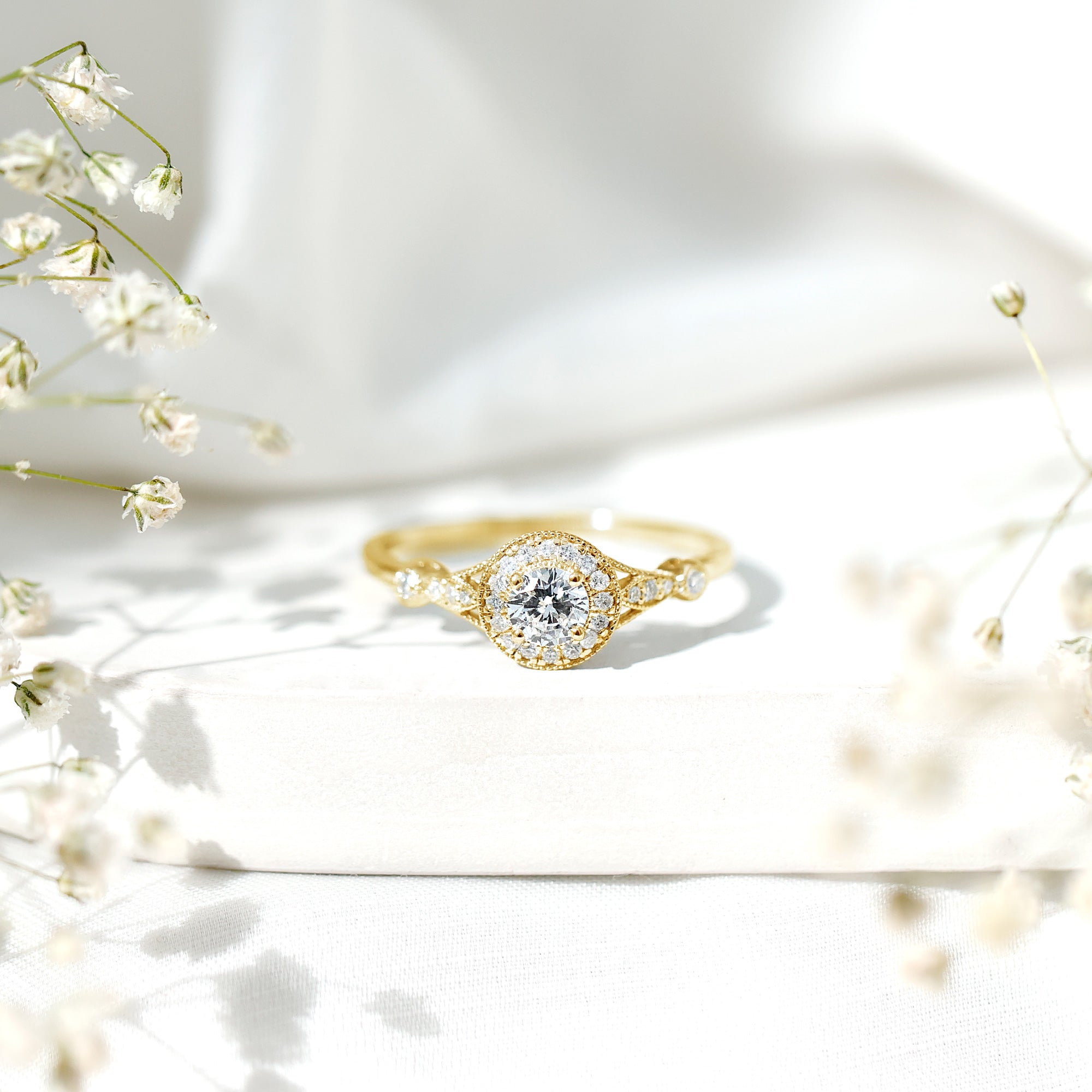 Antique Zircon Engagement Ring with Milgrain Gold
