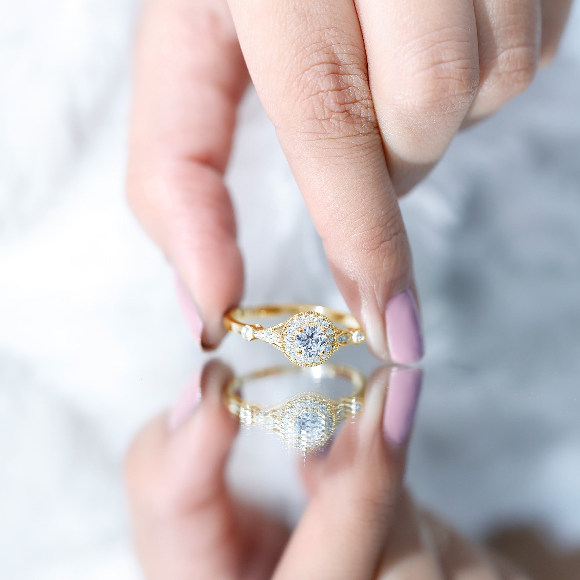Antique Zircon Engagement Ring with Milgrain Gold