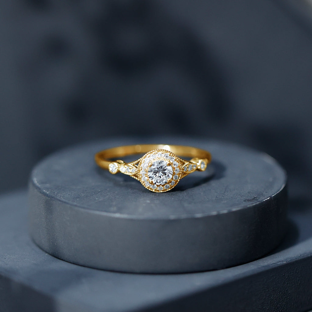 Antique Zircon Engagement Ring with Milgrain Gold