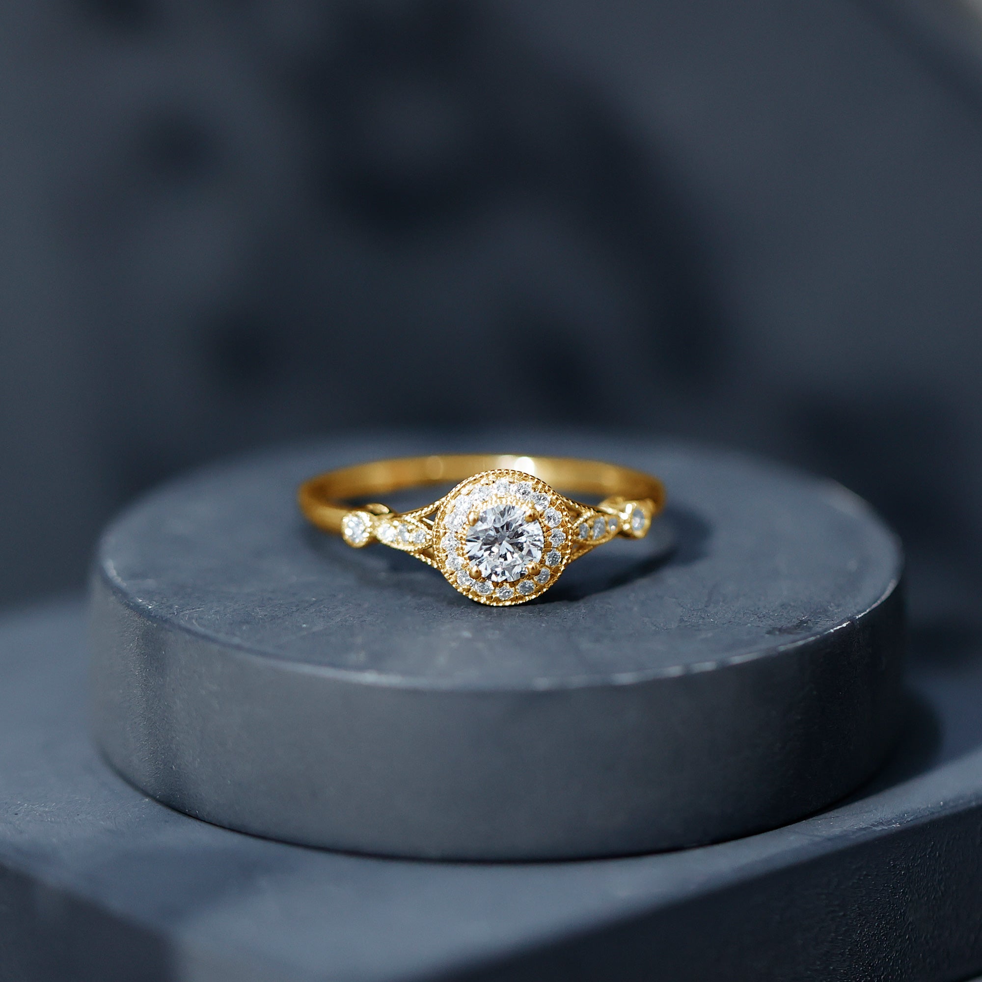 Antique Zircon Engagement Ring with Milgrain Gold