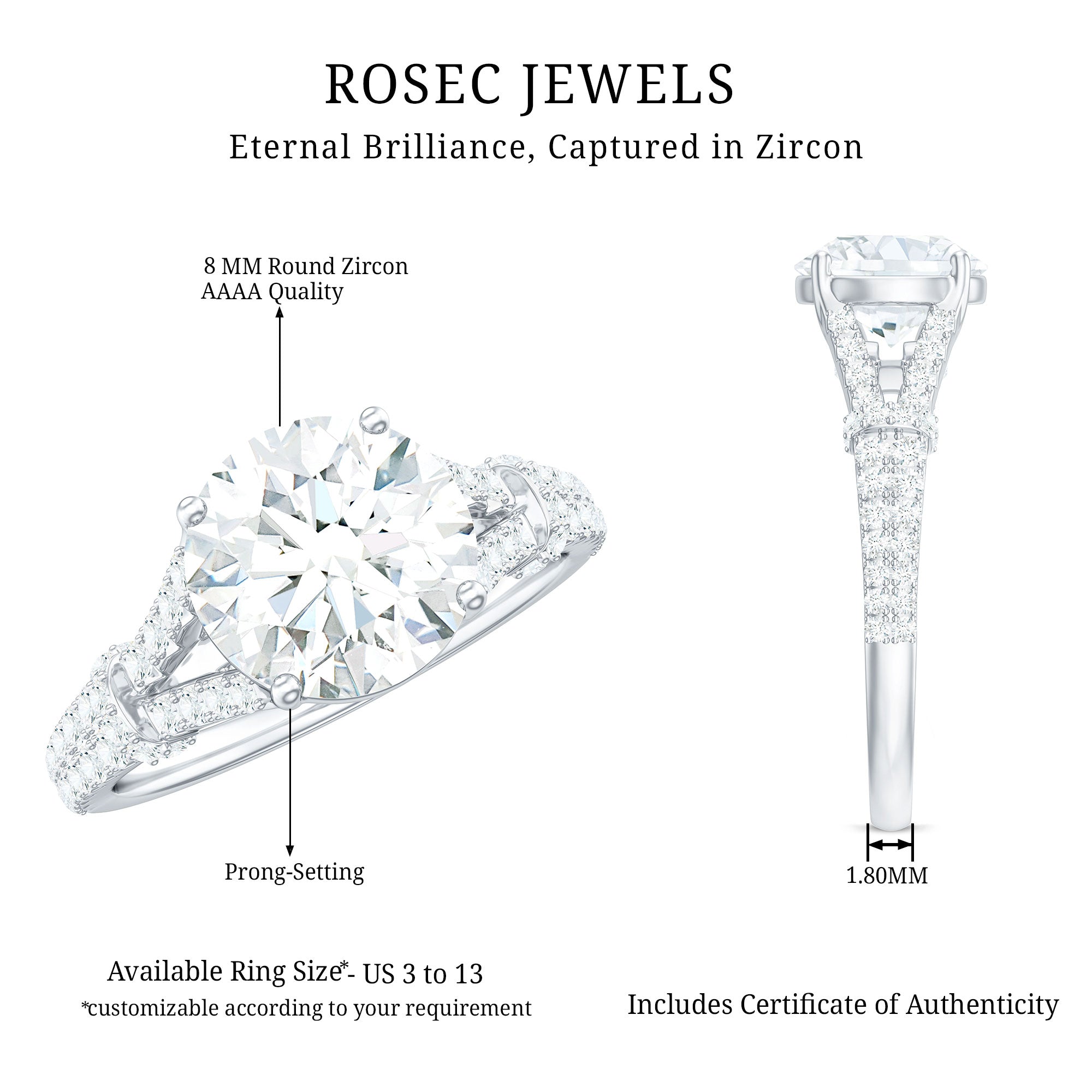 3 CT Simulated Diamond Solitaire Engagement Ring with Split Shank