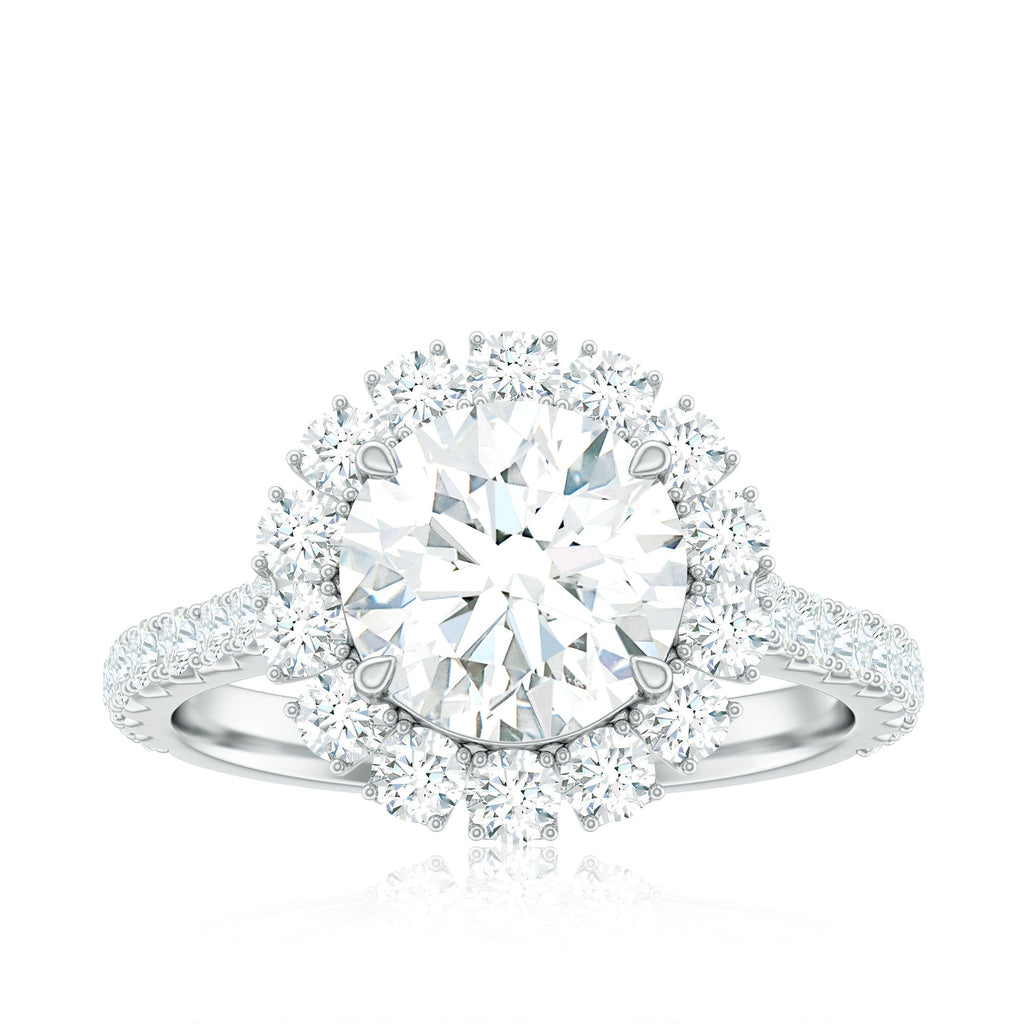 Zircon Round Engagement Ring with Floating Halo and Side Stones