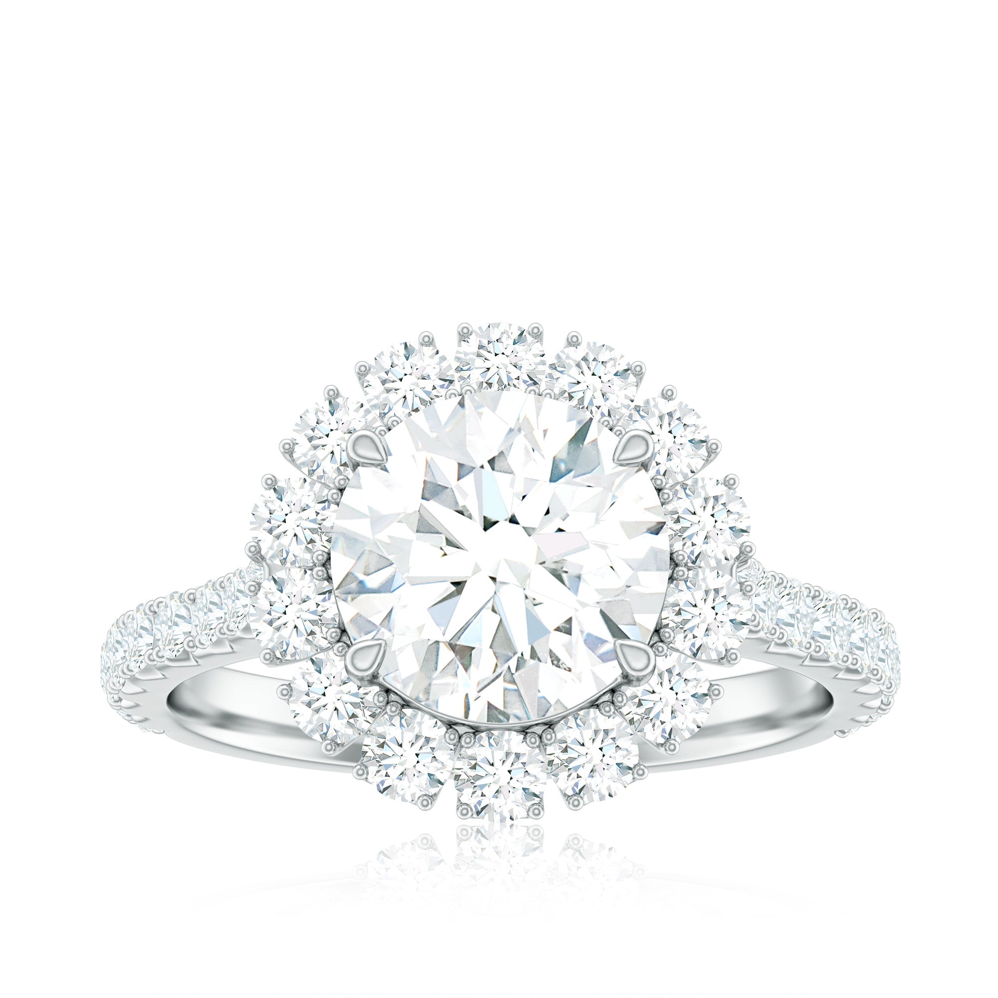 Zircon Round Engagement Ring with Floating Halo and Side Stones