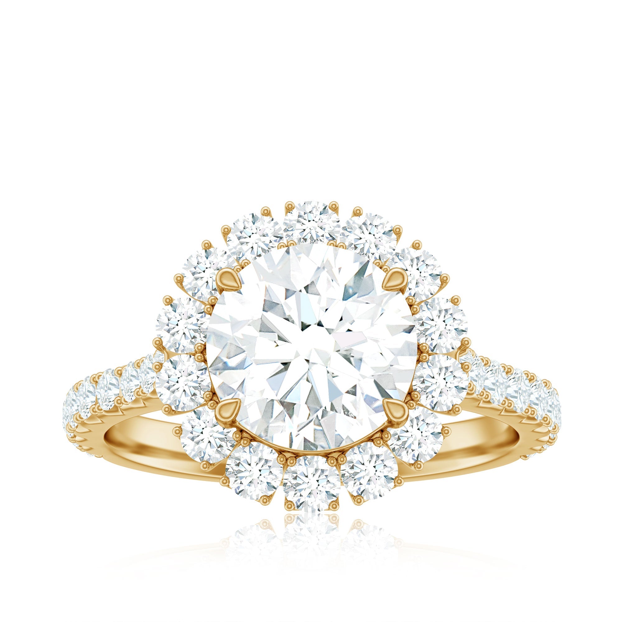 Zircon Round Engagement Ring with Floating Halo and Side Stones