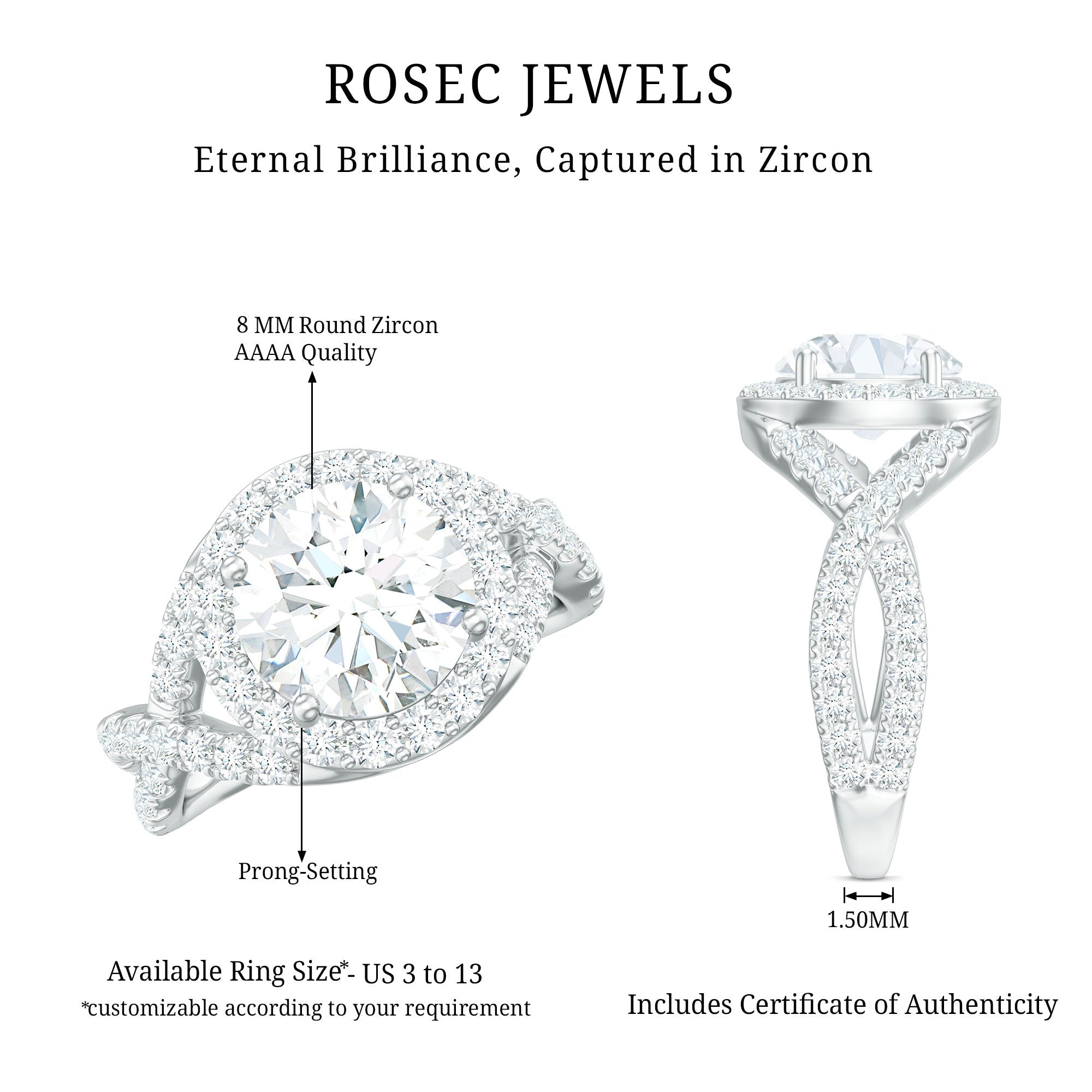 Round Shape Zircon Crossover Engagement Ring in Gold