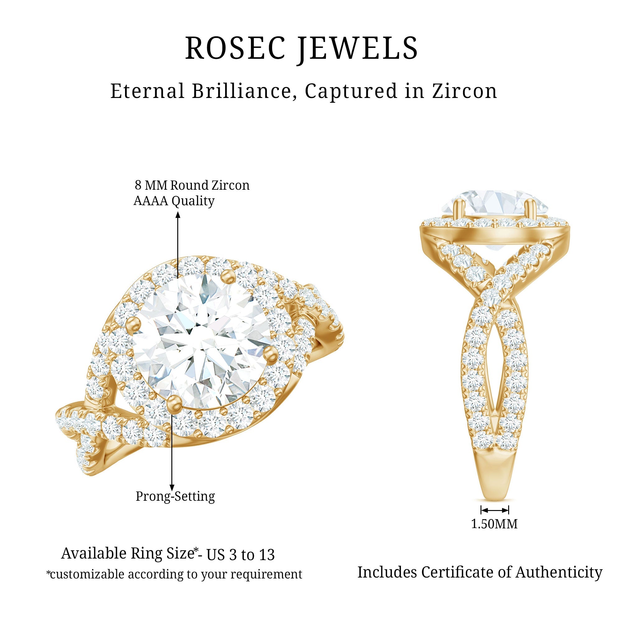 Round Shape Zircon Crossover Engagement Ring in Gold