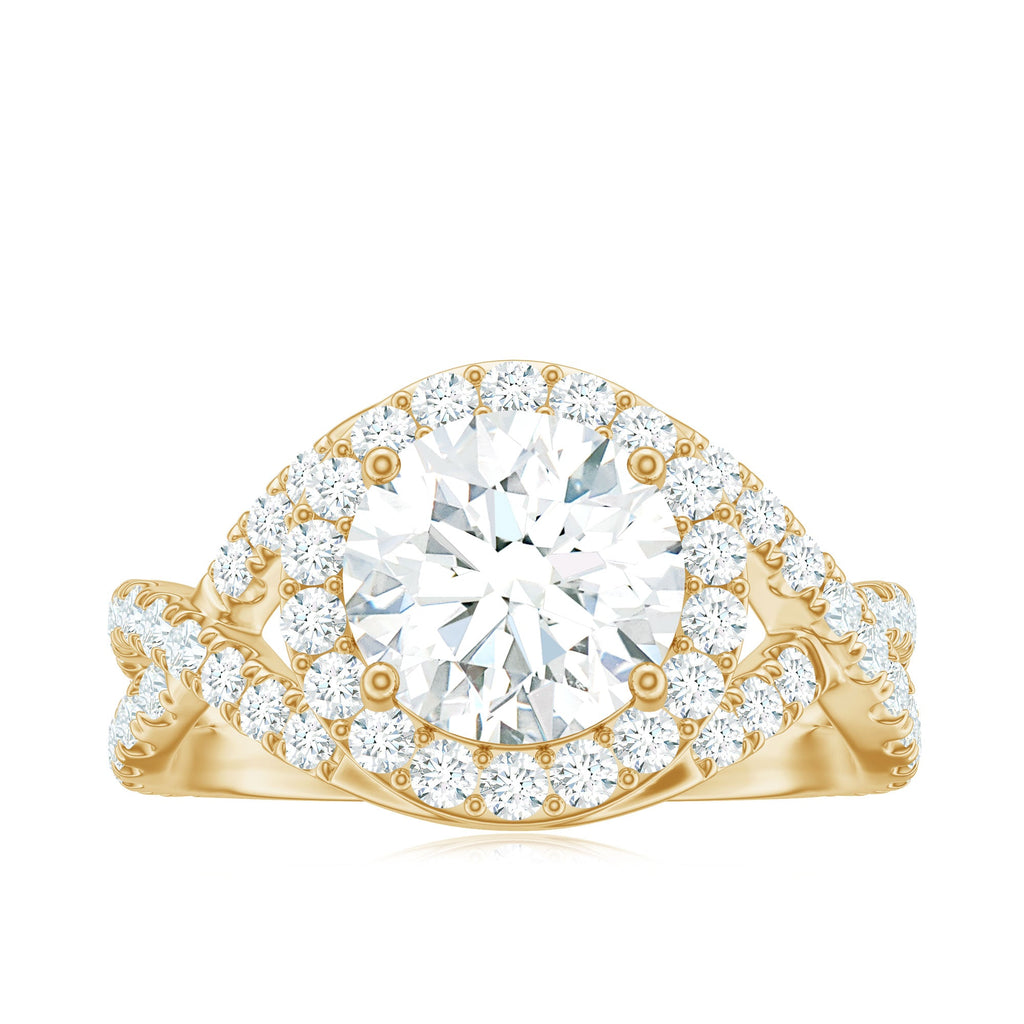 Round Shape Zircon Crossover Engagement Ring in Gold