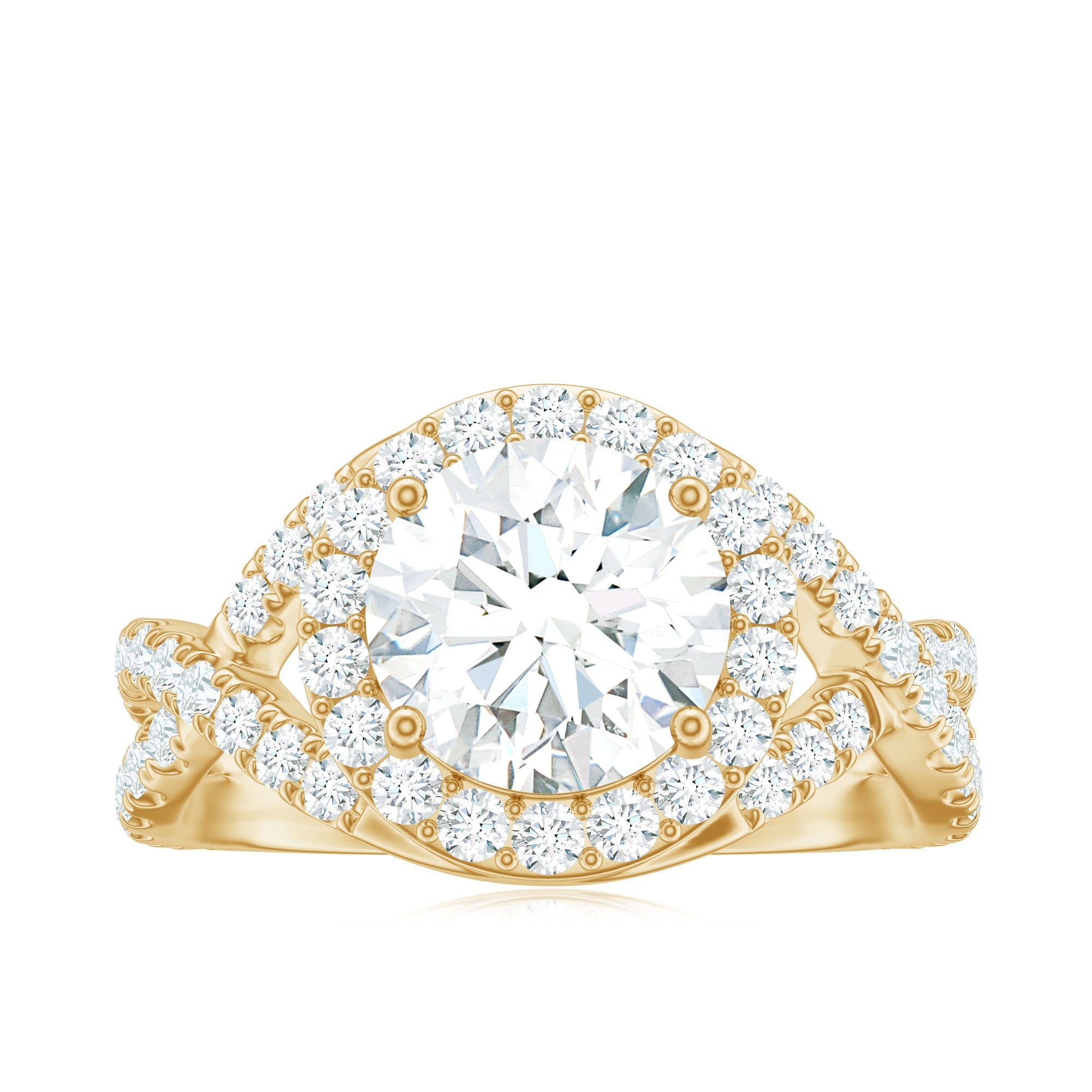 Round Shape Zircon Crossover Engagement Ring in Gold