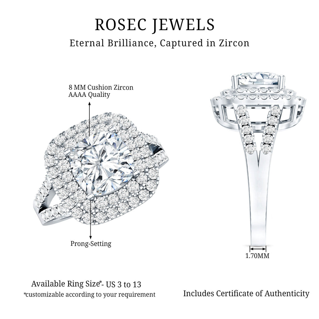 Vintage Style Cubic Zirconia Double Halo Engagement Ring with Split Shank