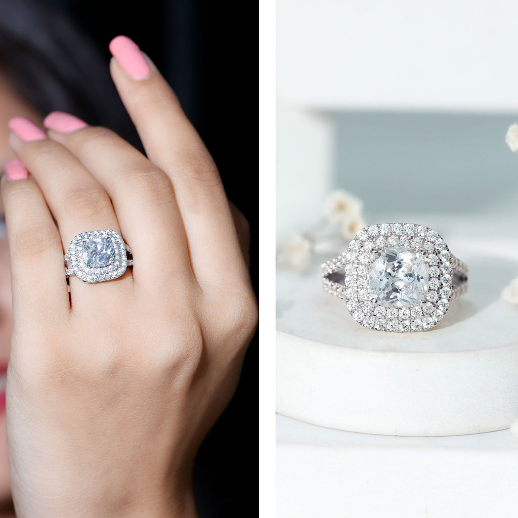 Vintage Style Cubic Zirconia Double Halo Engagement Ring with Split Shank
