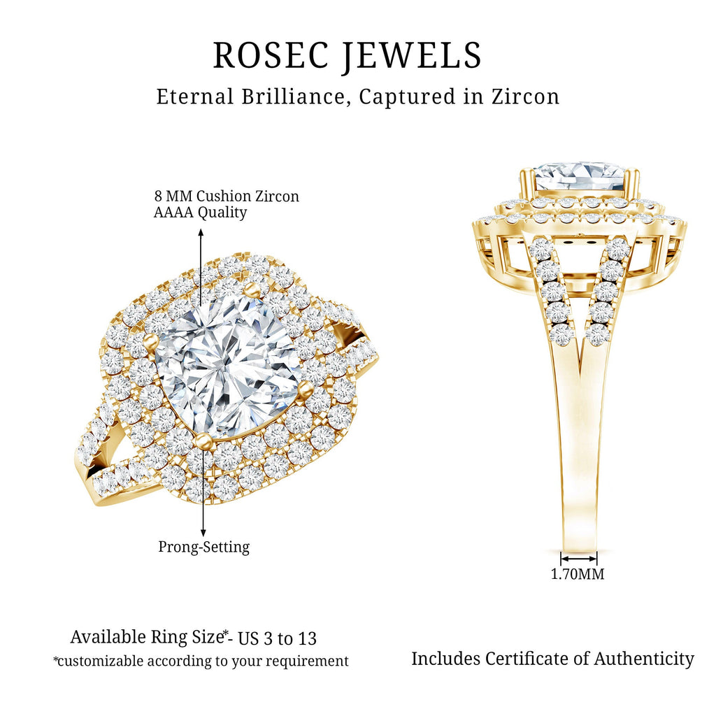 Vintage Style Cubic Zirconia Double Halo Engagement Ring with Split Shank