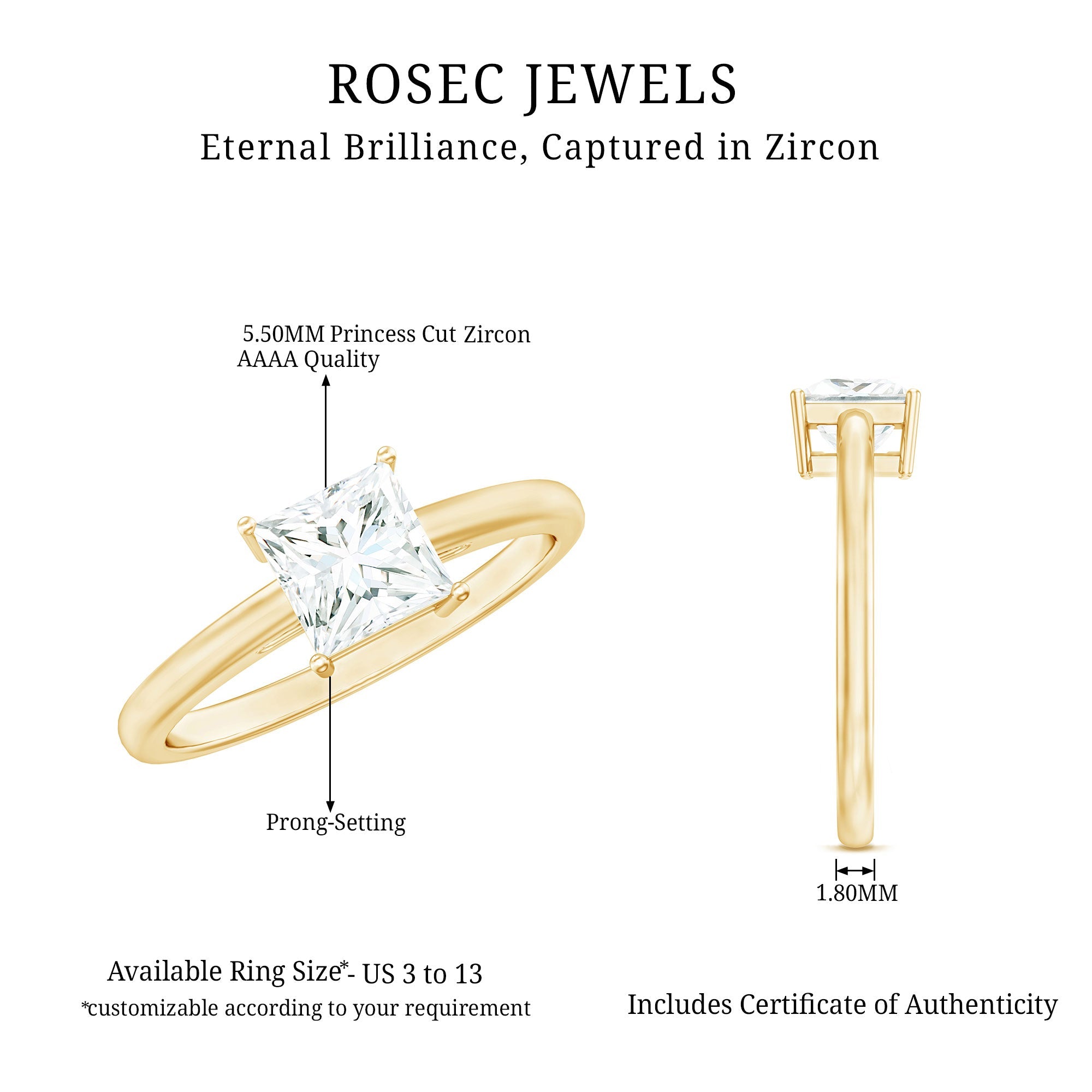Princess Cut Zircon Solitaire Ring in Prong Setting
