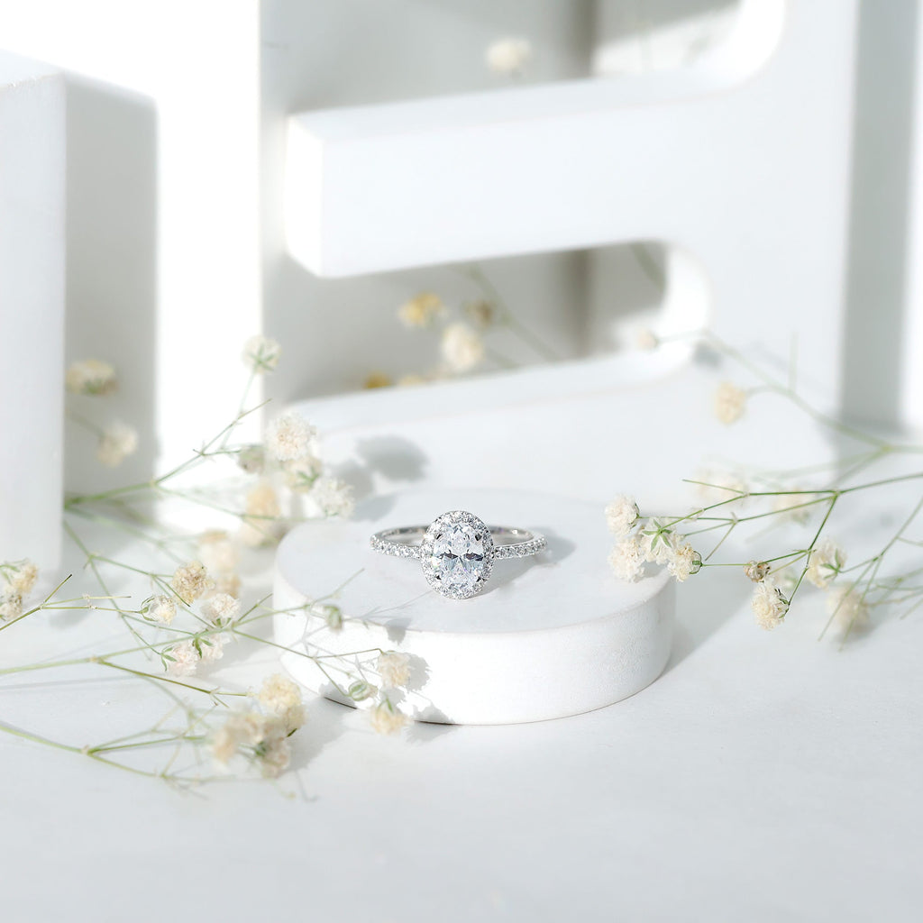 Oval Zircon Halo Engagement Ring