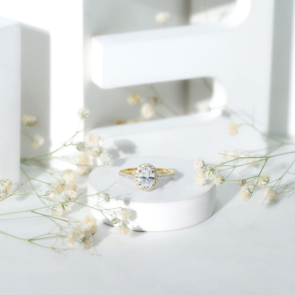 Oval Zircon Halo Engagement Ring