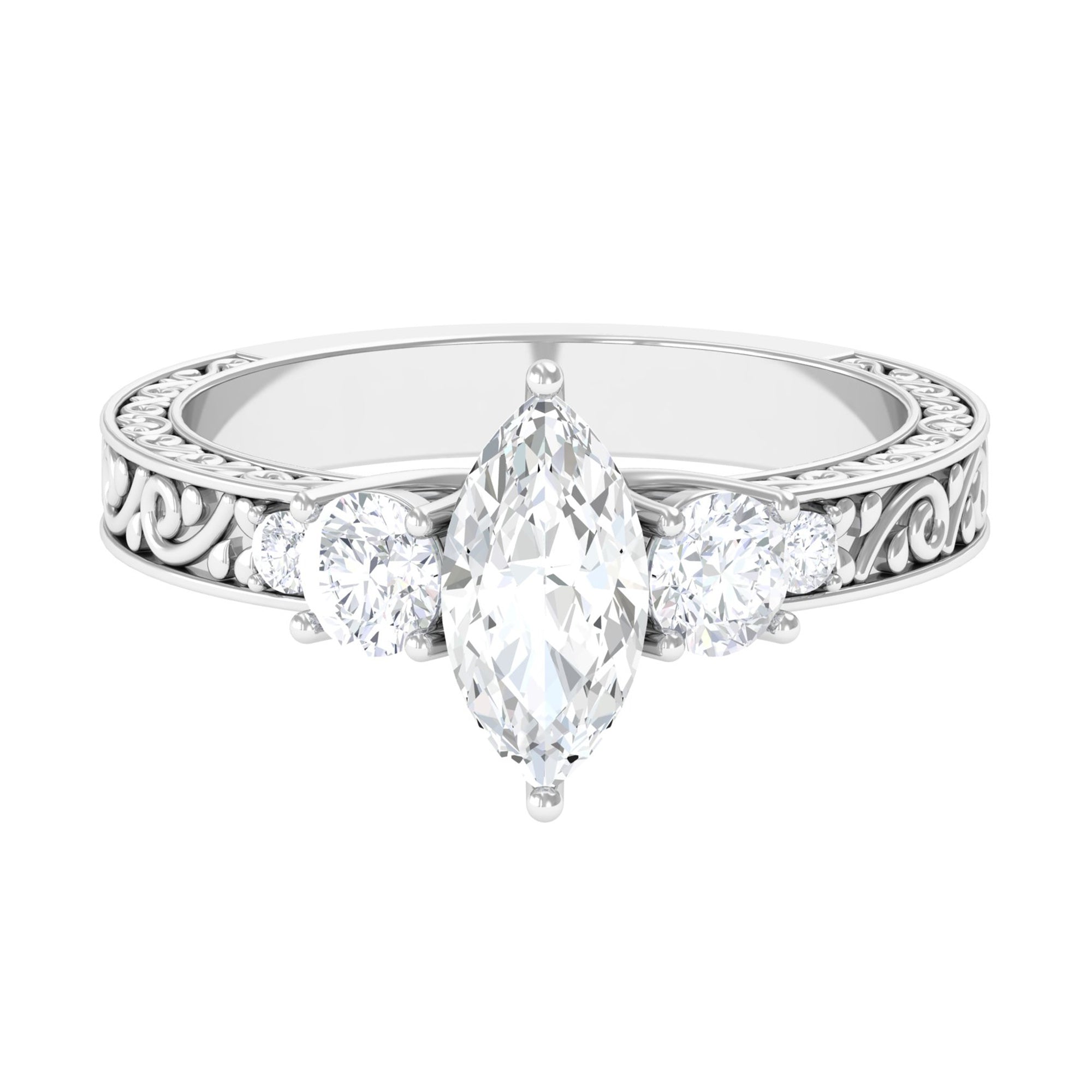 Certified Zircon Three Stone Engraved Band Ring