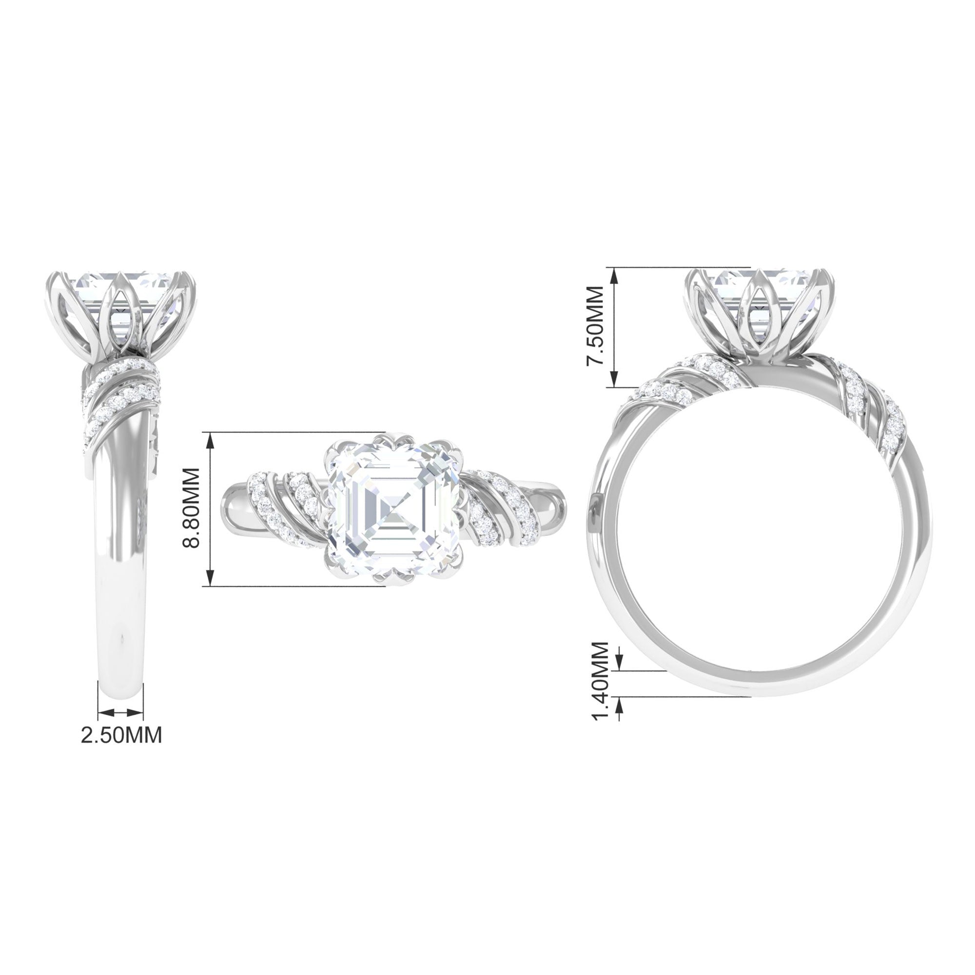 3.5 CT Asscher Zircon Designer Solitaire Engagement Ring in Petal Prong Setting