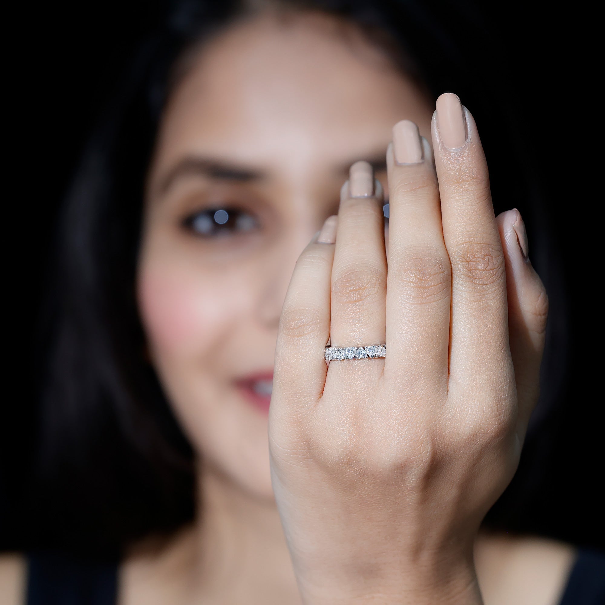 Claw Set Cubic Zirconia Heart Eternity Band Ring in Gold
