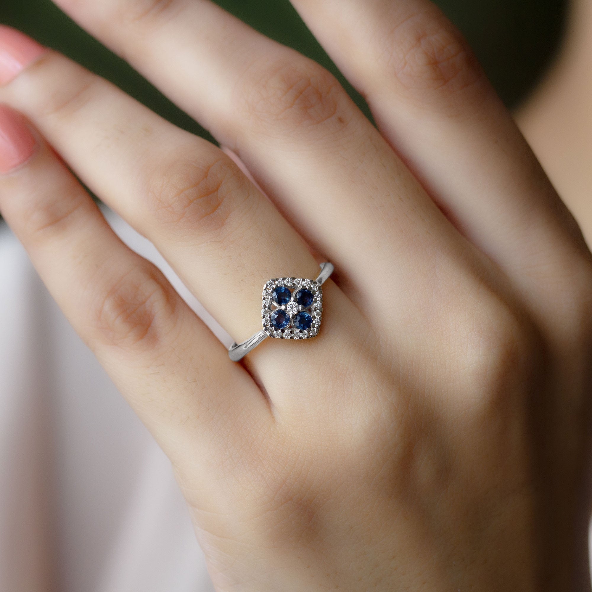 1/2 CT Blue Sapphire Cluster Ring with Diamond Accent