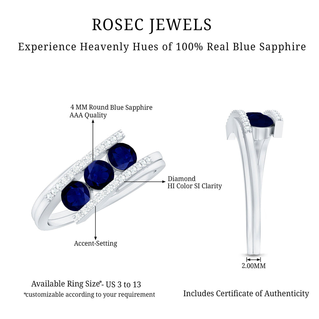 0.50 CT Blue Sapphire Three Stone Bypass Ring with Diamond Accent