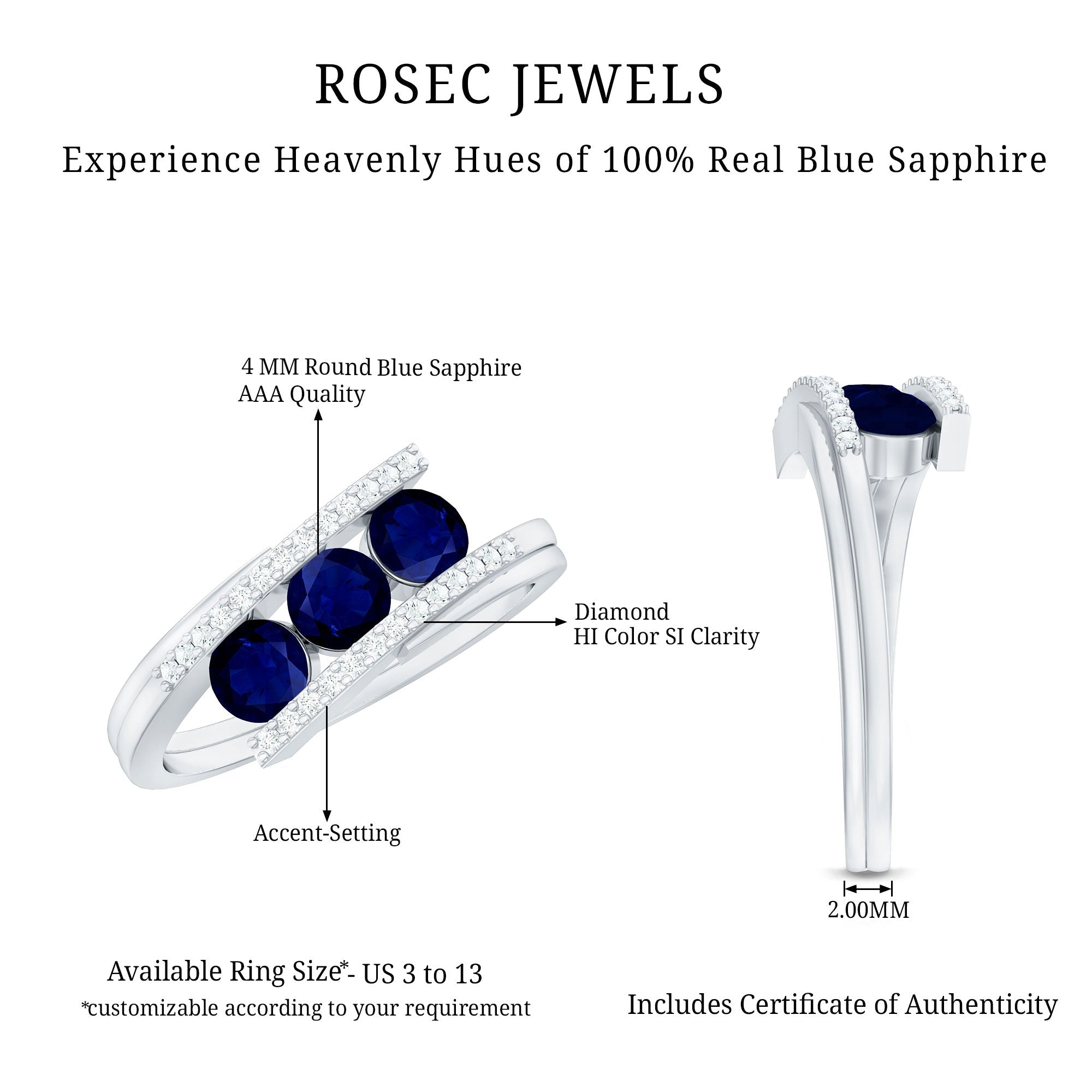 0.50 CT Blue Sapphire Three Stone Bypass Ring with Diamond Accent