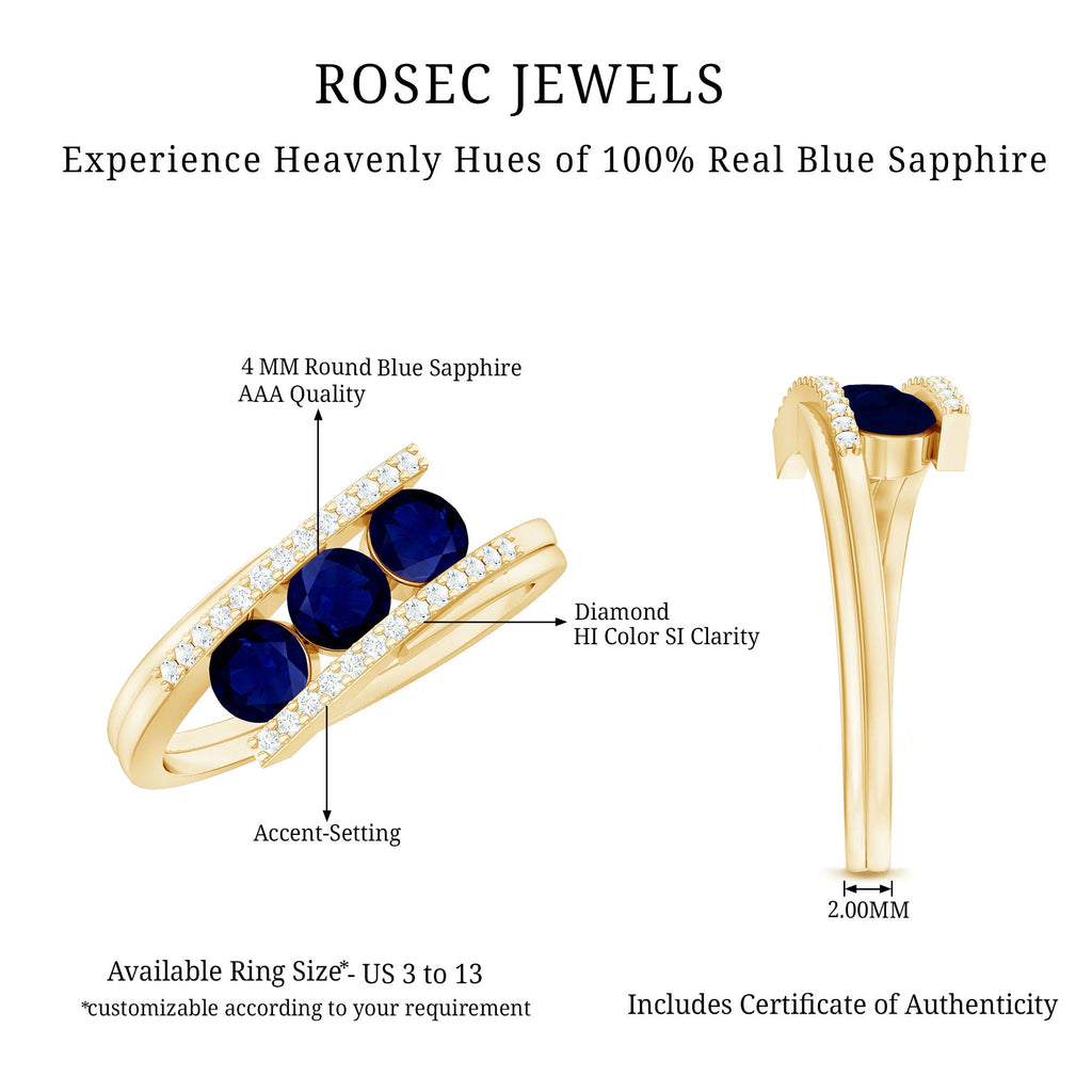 0.50 CT Blue Sapphire Three Stone Bypass Ring with Diamond Accent