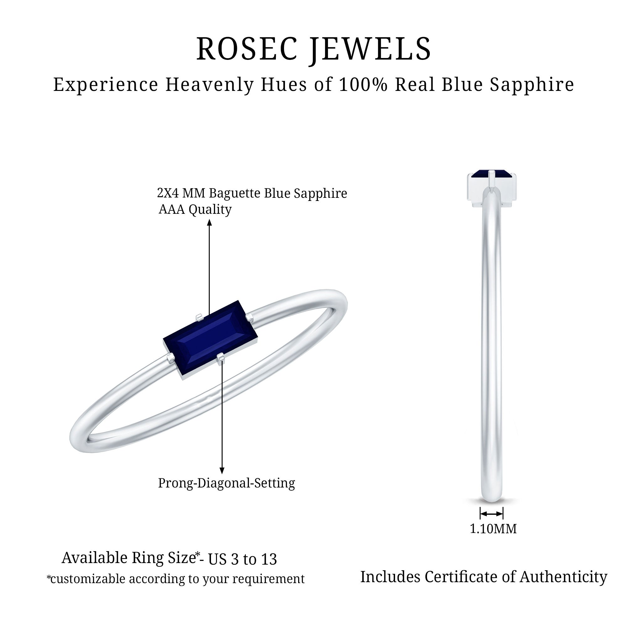 2.5X5 MM Baguette Cut Blue Sapphire Solitaire Ring in 4 Prong Diagonal Setting
