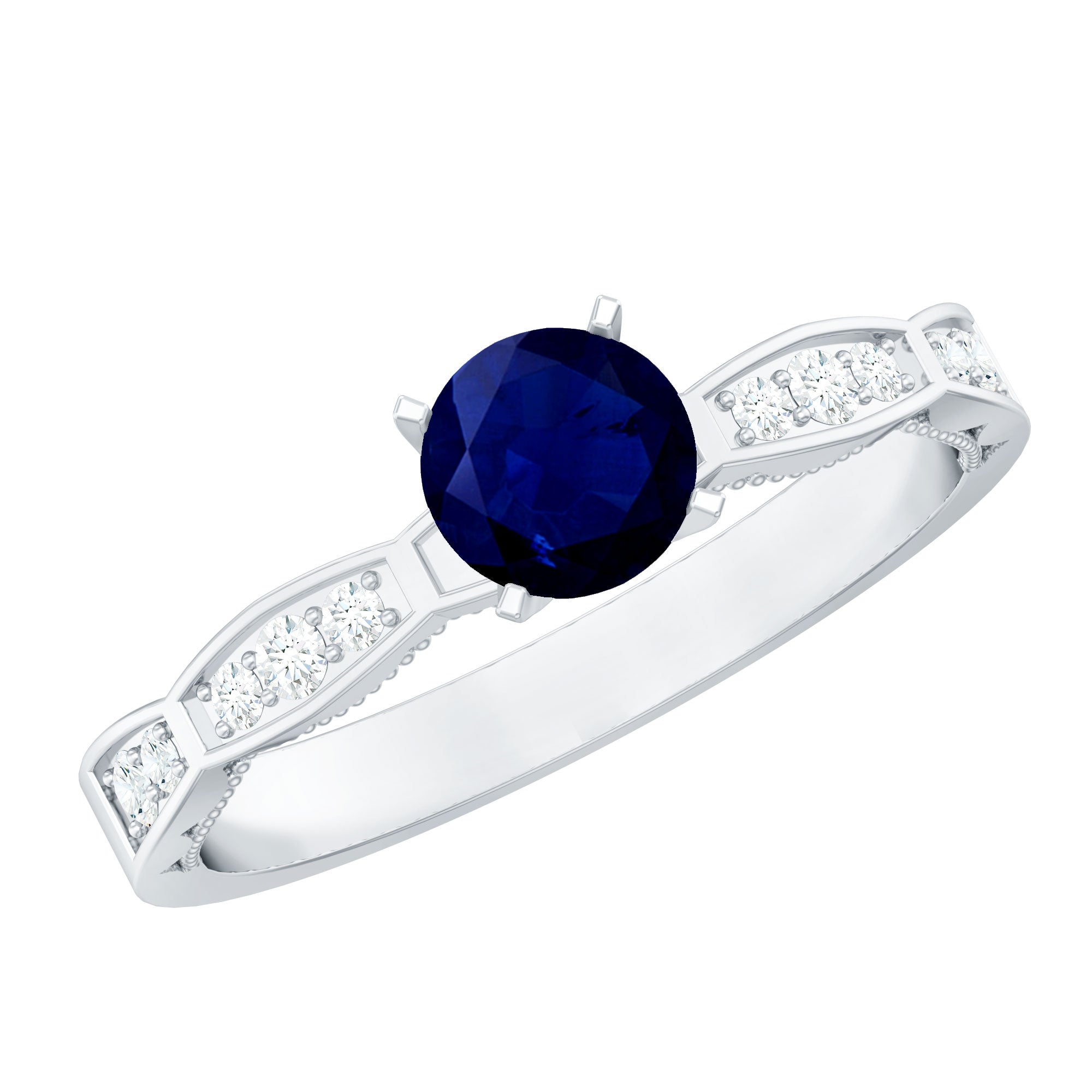 Blue Sapphire Solitaire Engagement Ring with Diamond Side Stones