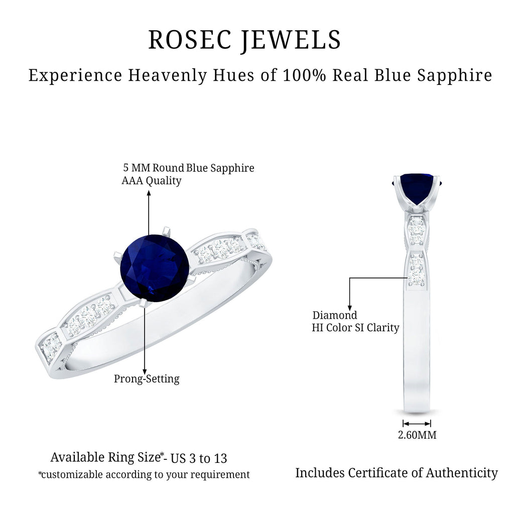 Blue Sapphire Solitaire Engagement Ring with Diamond Side Stones