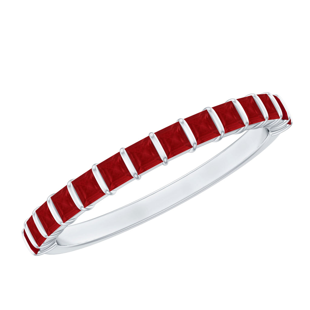 Princess Cut Ruby Semi Eternity Ring in Bar Setting