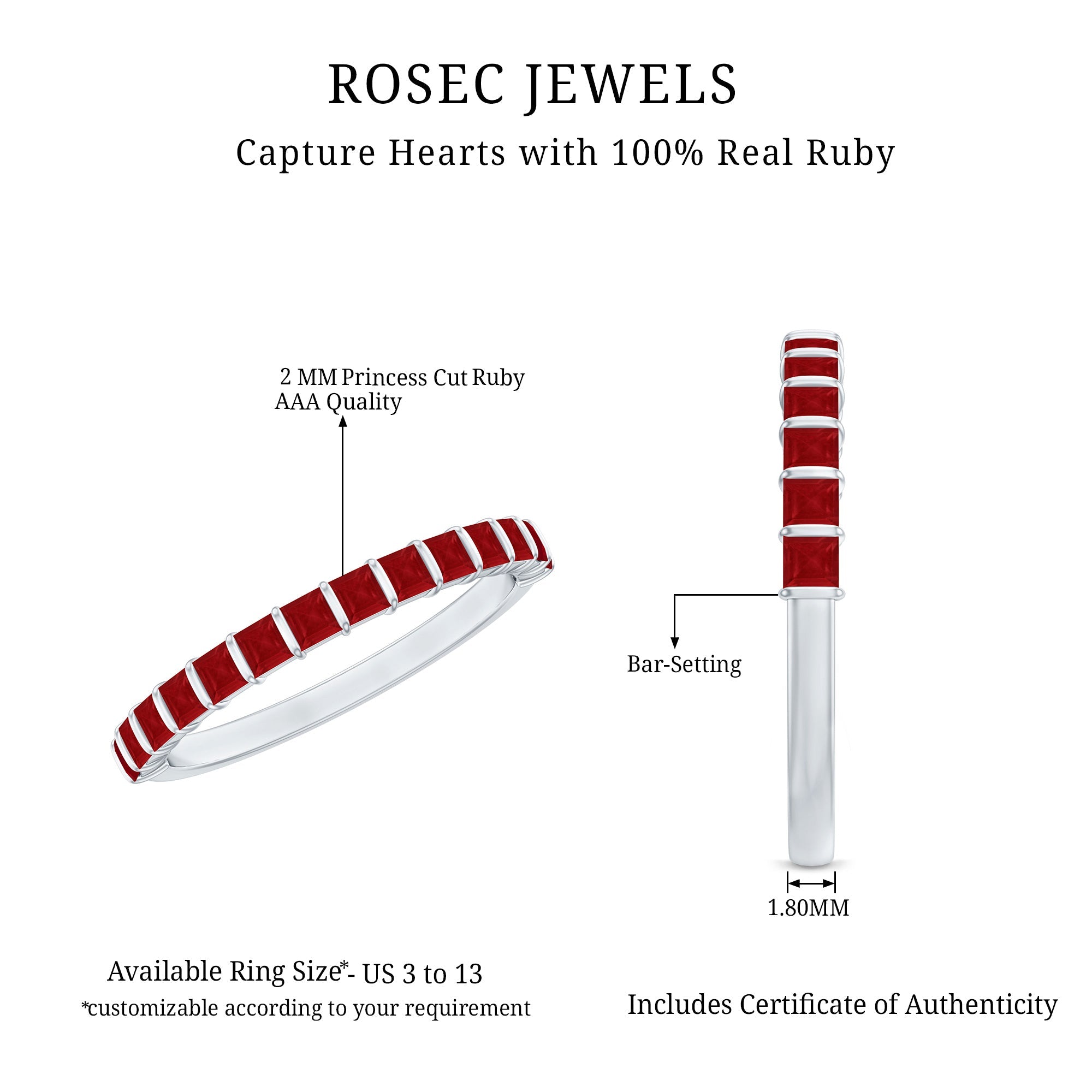 Princess Cut Ruby Semi Eternity Ring in Bar Setting