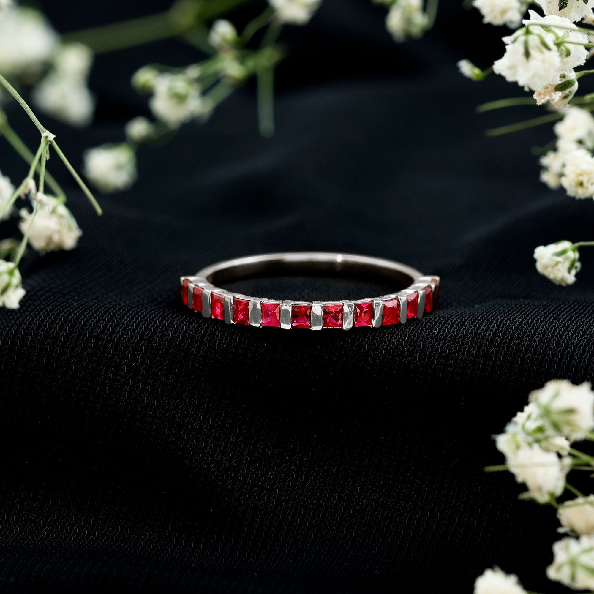 Princess Cut Ruby Semi Eternity Ring in Bar Setting